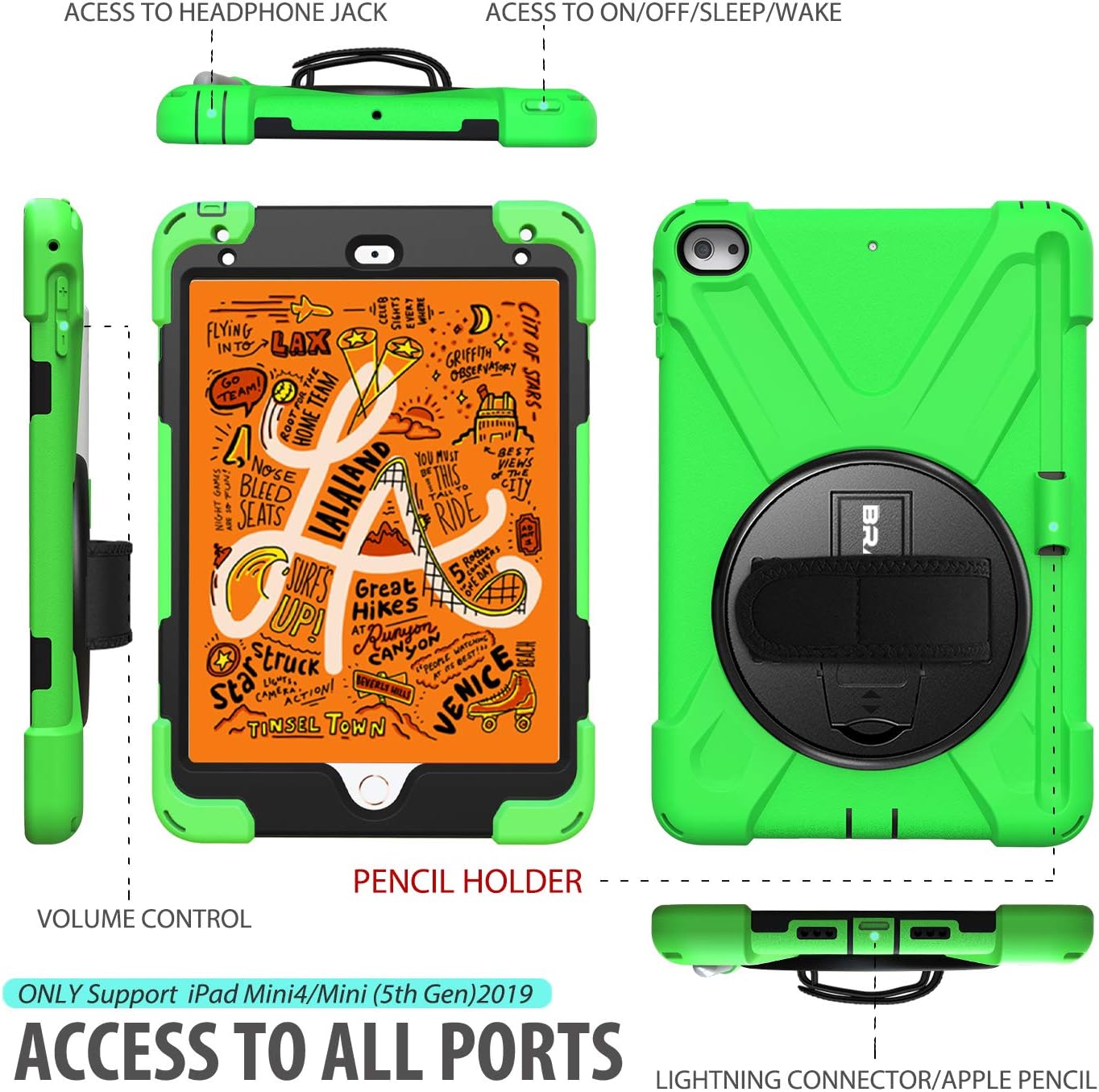 BRAECN iPad mini 5 Case,iPad mini 4 Case, Heavy Duty Shockproof Protective Rugged Case with Pencil Holder,Hand Strap,Kickstand, Shoulder Strap for iPad mini 5th/4th Generation 7.9 Inch for Kids