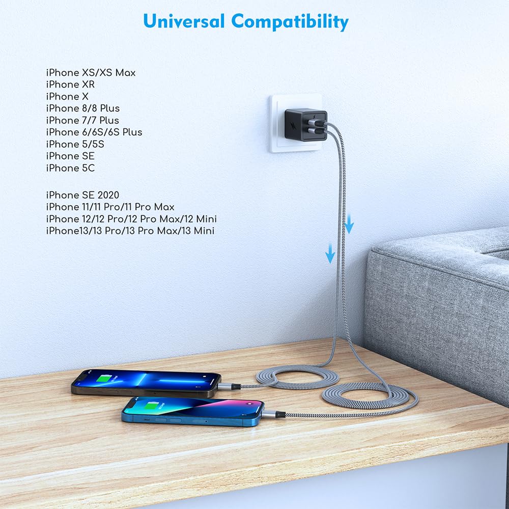 6FT Long iPhone Charger, [2Pack] Dual Port iphone Wall Charger Block Adapter with 6 Foot USB A to Lightning Fast Charging Cable Cord for iPhone 14/13/12/11/Pro Max/Pro/Plus,8 plus/7/6/XS/XR/X/SE, iPad