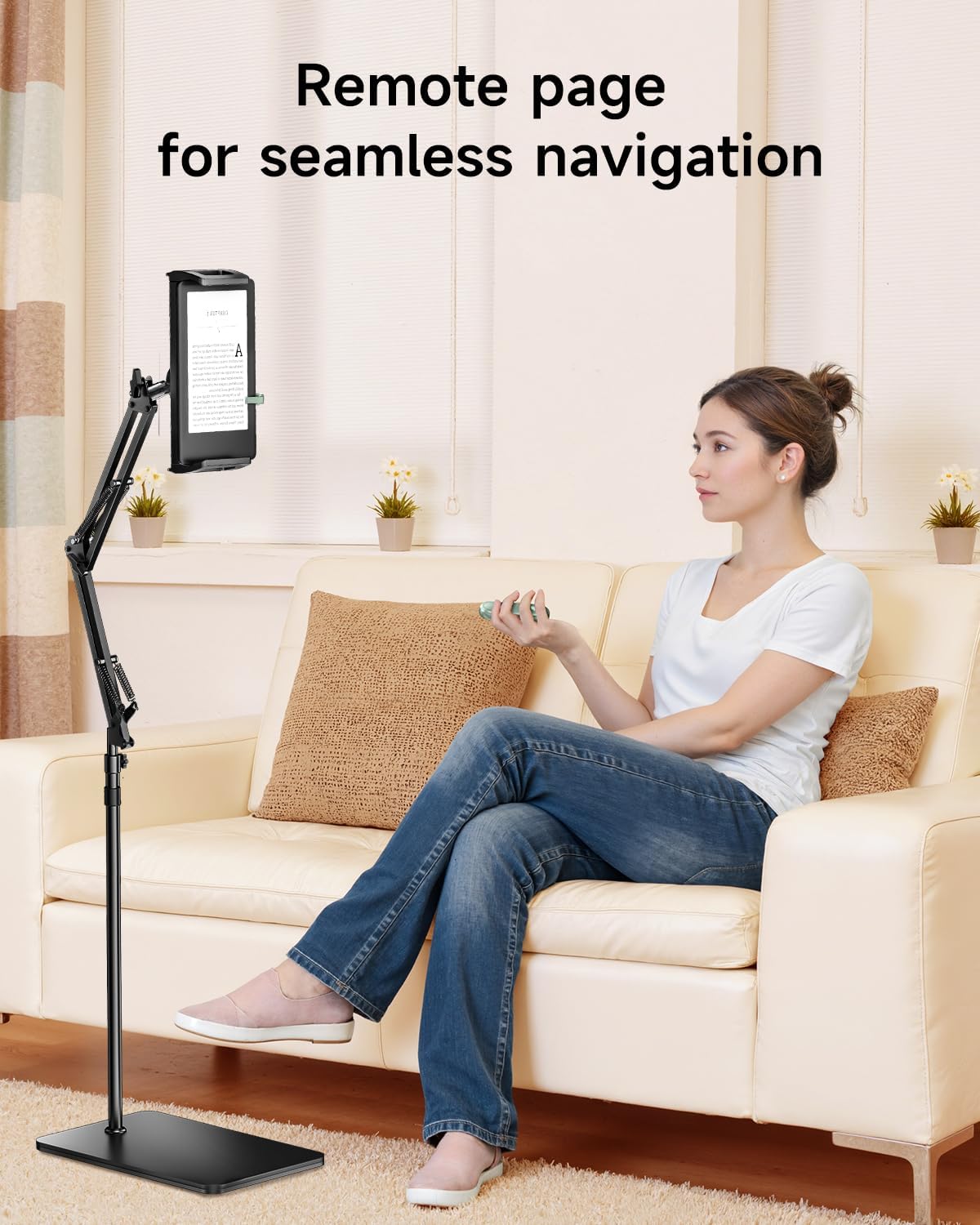 Floor Stand for Kindle with Remote Page Turner, Holder Stand for Reading in Bed with Clicker – for Kindle Paperwhite, Oasis,Tablet, iPhone and More 4.7-11 inch,Green Remote