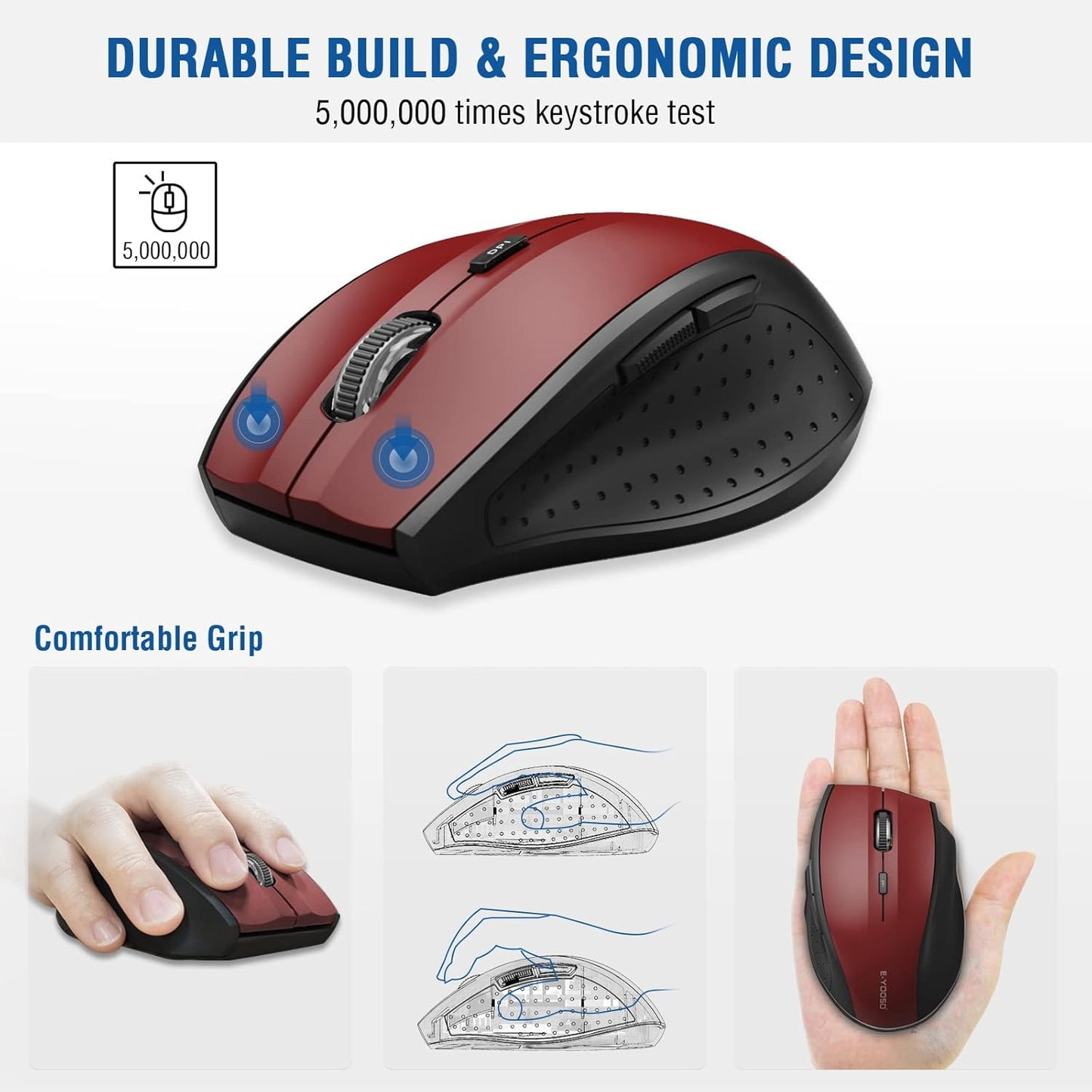 E-YOOSO Wireless Mouse for Laptop, Portable Optical Computer Mouse, 6 Buttons, Cordless 2.4GHz with USB Receiver, 5-Level 4800 DPI, 18 Months Battery Life, for PC, Chromebook, Windows, Mac(Red)