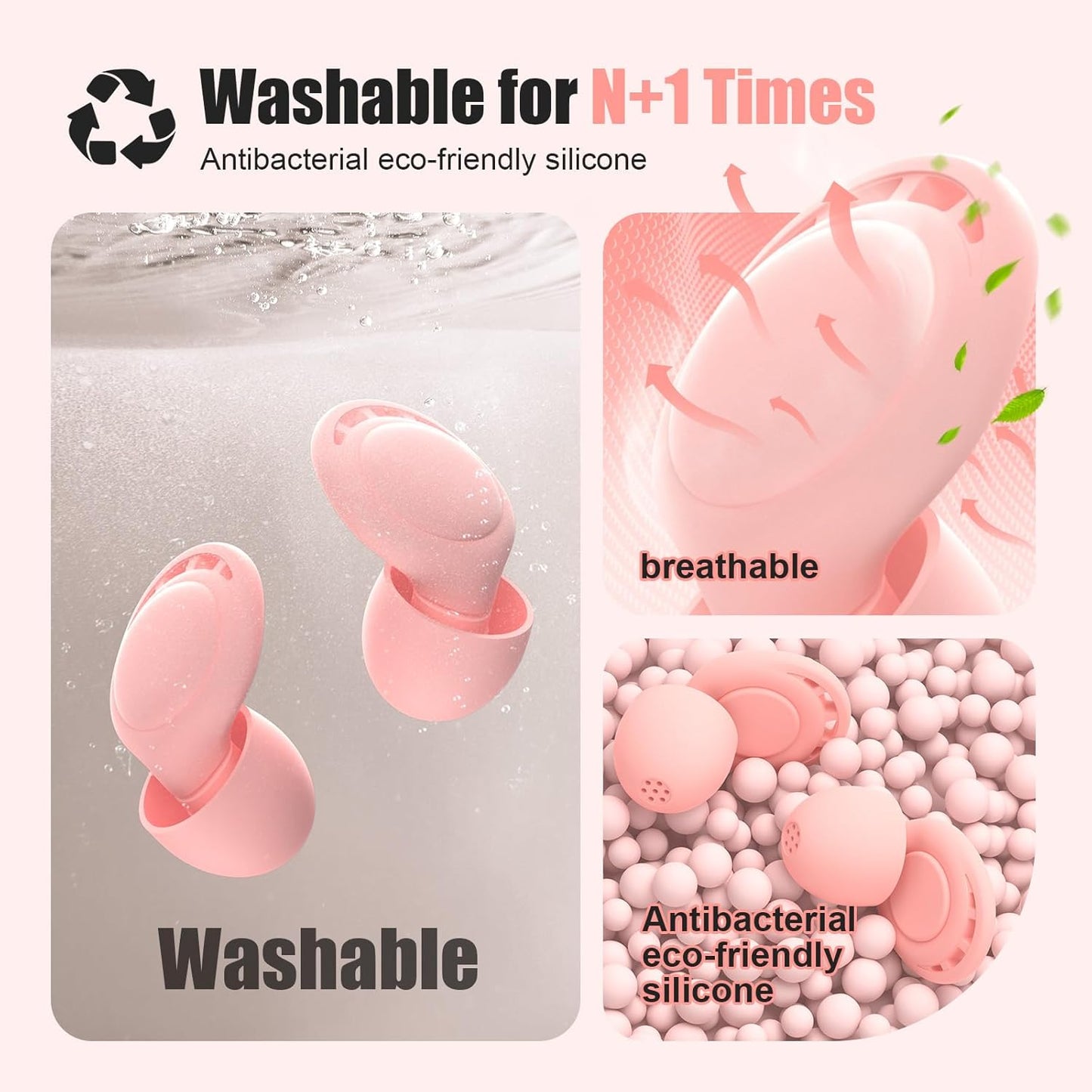 Ear Plugs for Sleeping Noise Reduction, Beinkap Reusable Earplugs Hearing Protection for Focus, Study, Work – 6 Pair Eartips in S/M/L – Flexible Silicone Soft – 35dB Noise Cancelling - Pink