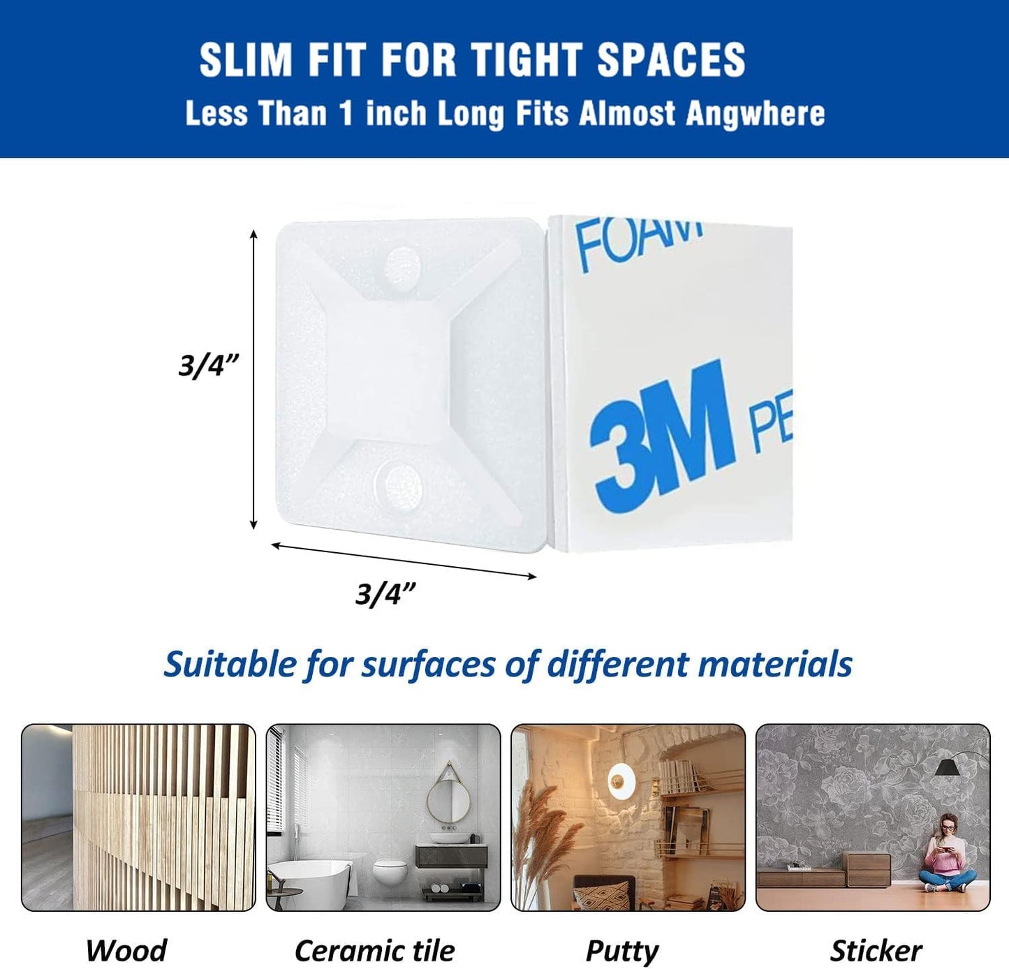 Cable Management Kit - 100 Set Adhesive Cable Zip Tie Mounts with 8" Zip Ties | UV Resistant Wire Organizers for Indoor/Outdoor Use - White