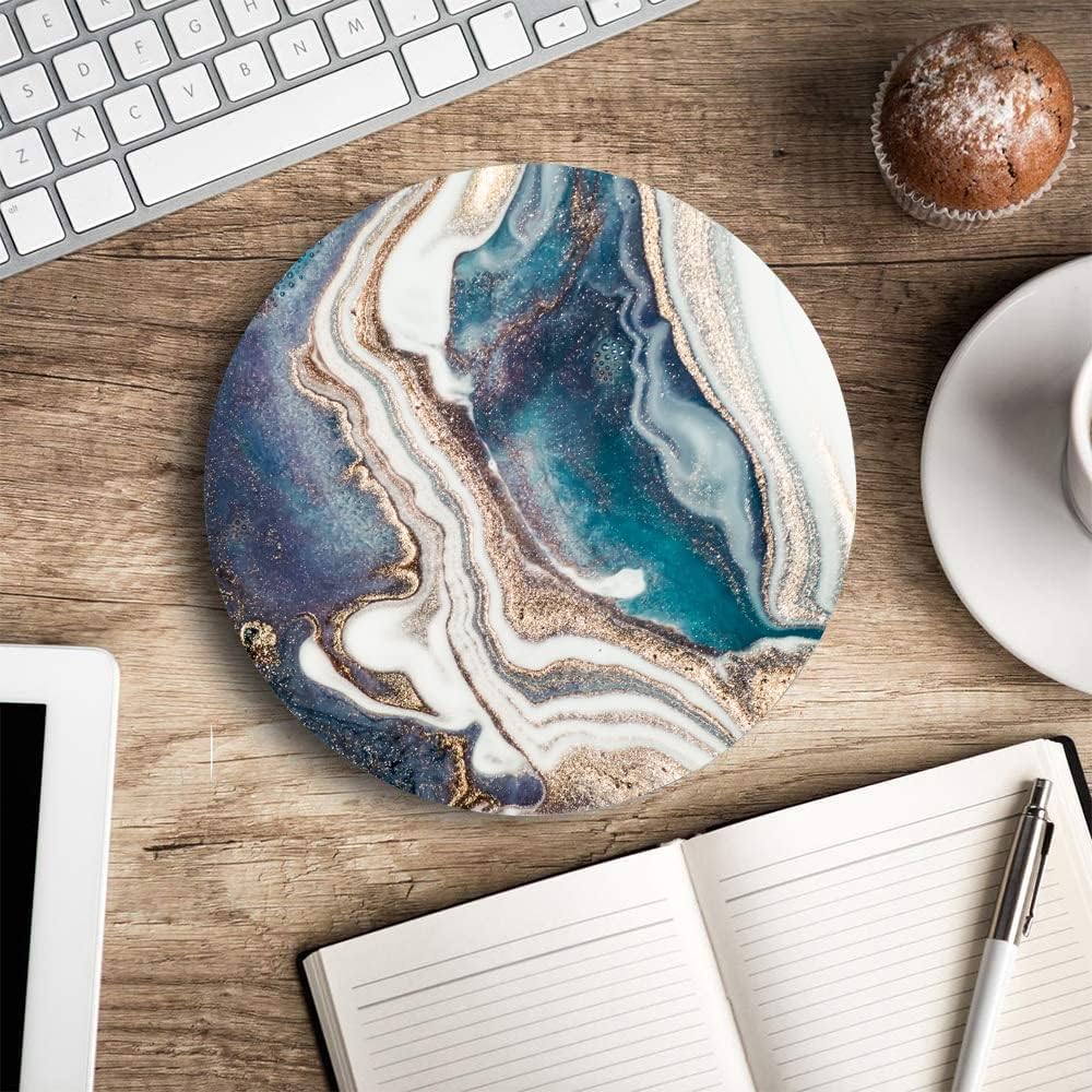 Blue Gold Marble Mouse Pad - Premium Textured Round Washable Mousepad with Lycra Cloth and Non-Slip Rubber Base for Wireless Mouse