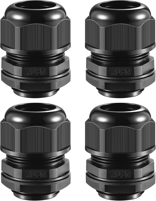 4 Pcs 1"(17-25mm) NPT Nylon Cable Gland Joints with Gaskets, IP68 Adjustable Lock Nut Strain Relief Cord Grip Waterproof Cable Glands - UL Listed and RoHS Compliant