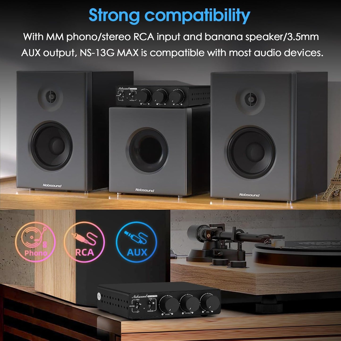 Douk Audio NS-13G MAX 300Wx2 Stereo Amplifier with Phono Input - HiFi Class D Mini Power Amp for Home Theater, Turntables, Studio Monitor | TPA3255 Chip, RCA/MM Inputs, Bass/Treble Control (DC 48V)