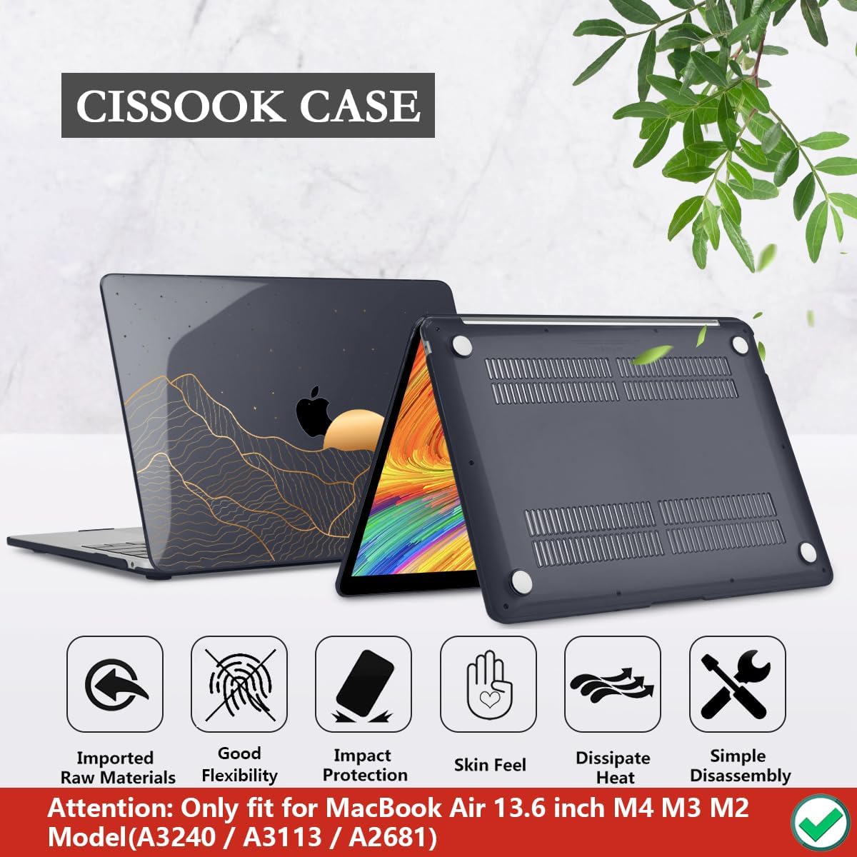 CISSOOK Compatible with MacBook Air 13.6 Inch M4 M3 M2 Case 2022 2023 2024 2025, Crystal Black Plastic Hard Shell Case Cover for MacBook Air 13.6" A3240 A3113 A2681, Sun & Mountain