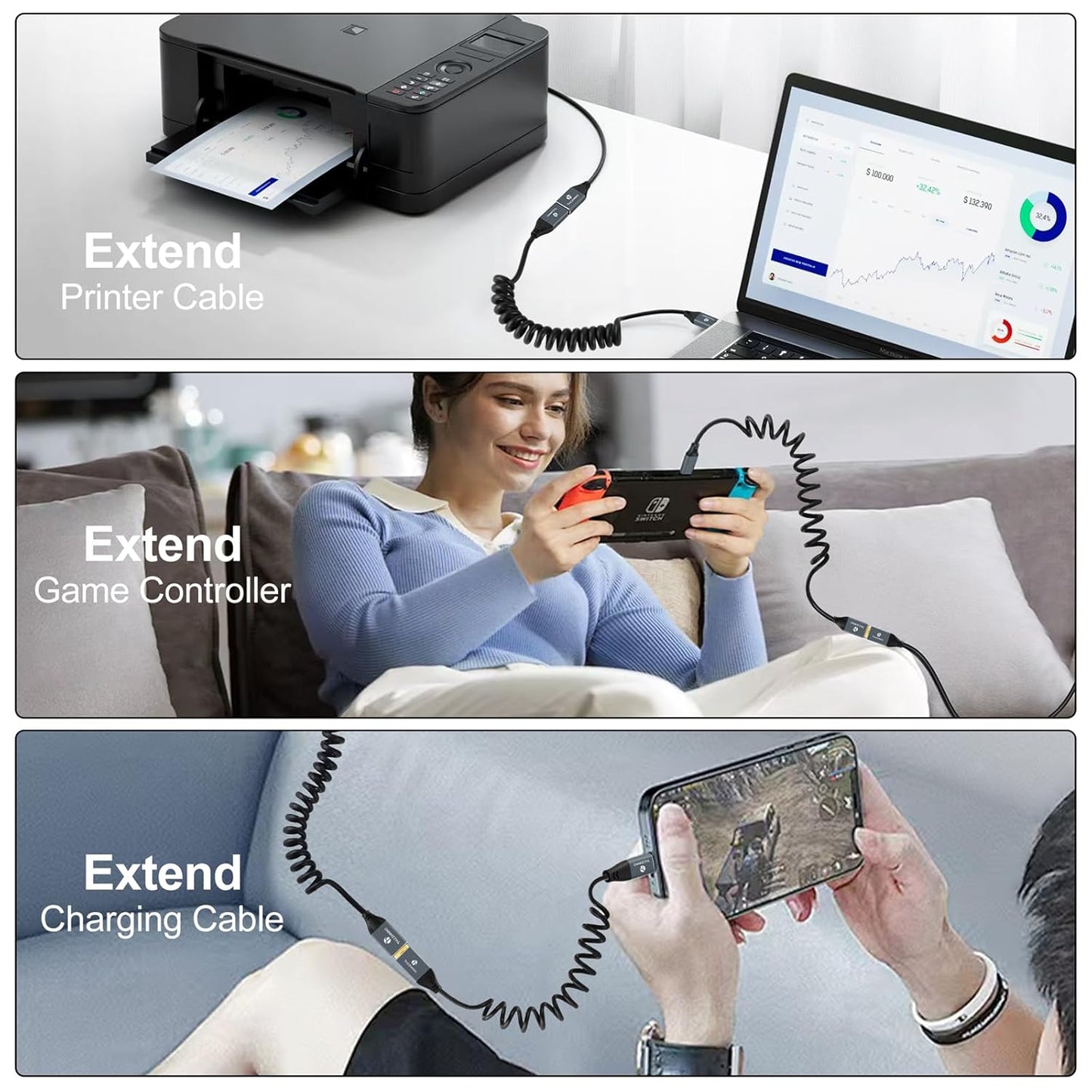 Coiled USB Extension Cable, 5Gbps Retractable USB A Male to Female Data Transfer Cord for Keyboard, Mouse, PlayStation, Xbox, Flash Drive, Printer, Camera(Extend up from 0.75FT to 3.3FT)