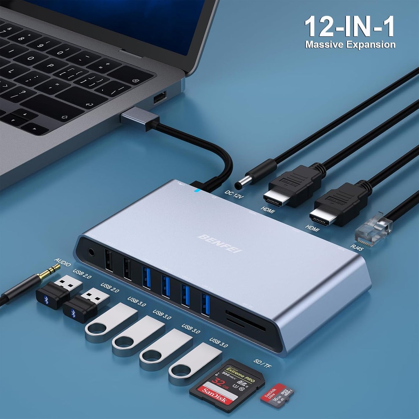 BENFEI 12-in-1 USB Type-A/USB Type-C Docking Station with Dual HDMI Display/6*USB Ports/SD/TF Card Reader/Gigabit Ethernet Network/3.5mm Female Headphone Jack Compatible with Windows and Mac
