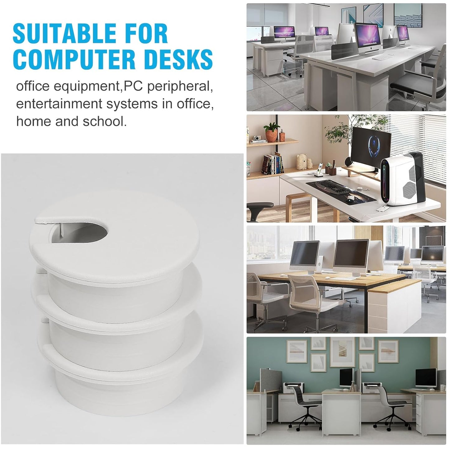 1-3/8" White Desk Grommet with Bi-Metal Hole Saw, JTemgle Plastic Cable Hole Cover Computer Table Cord Wire Organizer Caps, Desktop Cord Management for Home Office TV Stands Tabletops, 7 Pieces