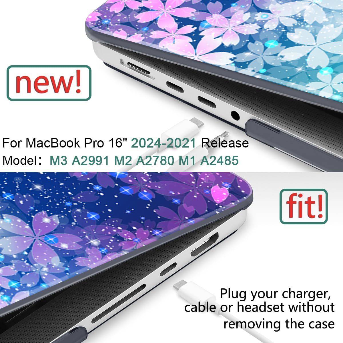 DONGKE for M4 MacBook Pro 16 Inch Case 2024 2023 2021 A3403 A3186 M3 A2991 M2 A2780 M1 A2485 Pro/Max Chip, Plastic Hard Shell Case & Keyboard Cover for Mac Pro 16 with Touch ID, Sparkling Flower
