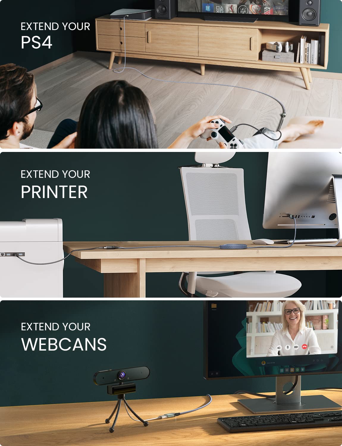 AINOPE 2 Pack USB Extensions Cable High Speed USB 3.0 Extension Cord Type A Male to Female Sturdy Braided Material Fast Data Transfer Compatible with USB Keyboard,Mouse,Flash Drive,Grey,16FT+16FT