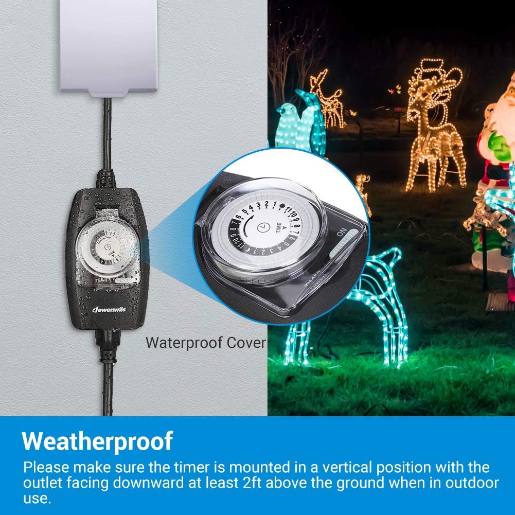 DEWENWILS Outdoor Light Timer Waterproof, 24-Hour Programmable Plug in Timer for Electrical Outlets, Holiday Decorations, String Light,13A 1/2 HP, UL Listed