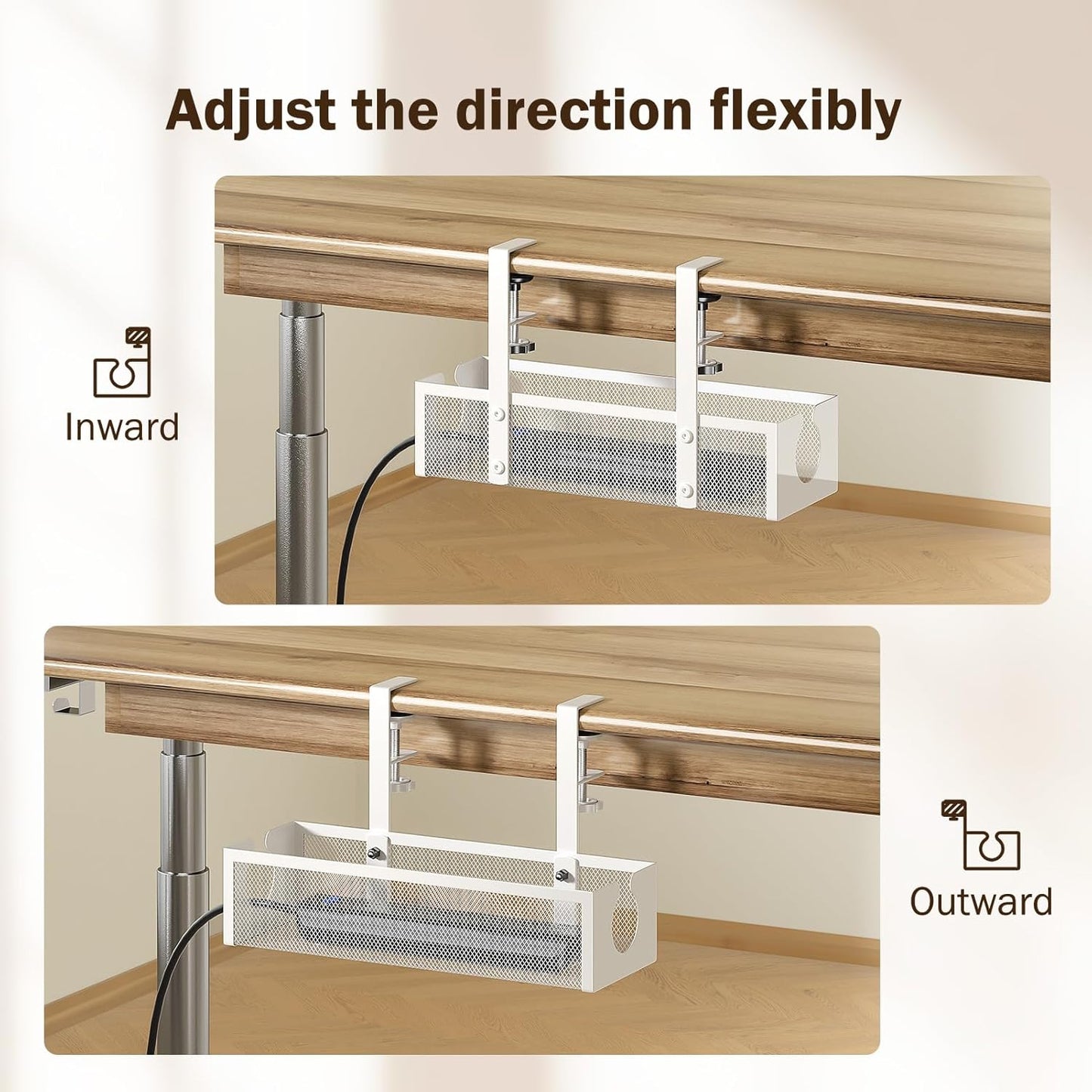 DELAMU Under Desk Cable Management Tray, No Drill Metal Mesh Cable Management Under Desk with F-Clamp Mount & 2 Open Holes, Cord Organizer for Home Office, 1 Pack, White
