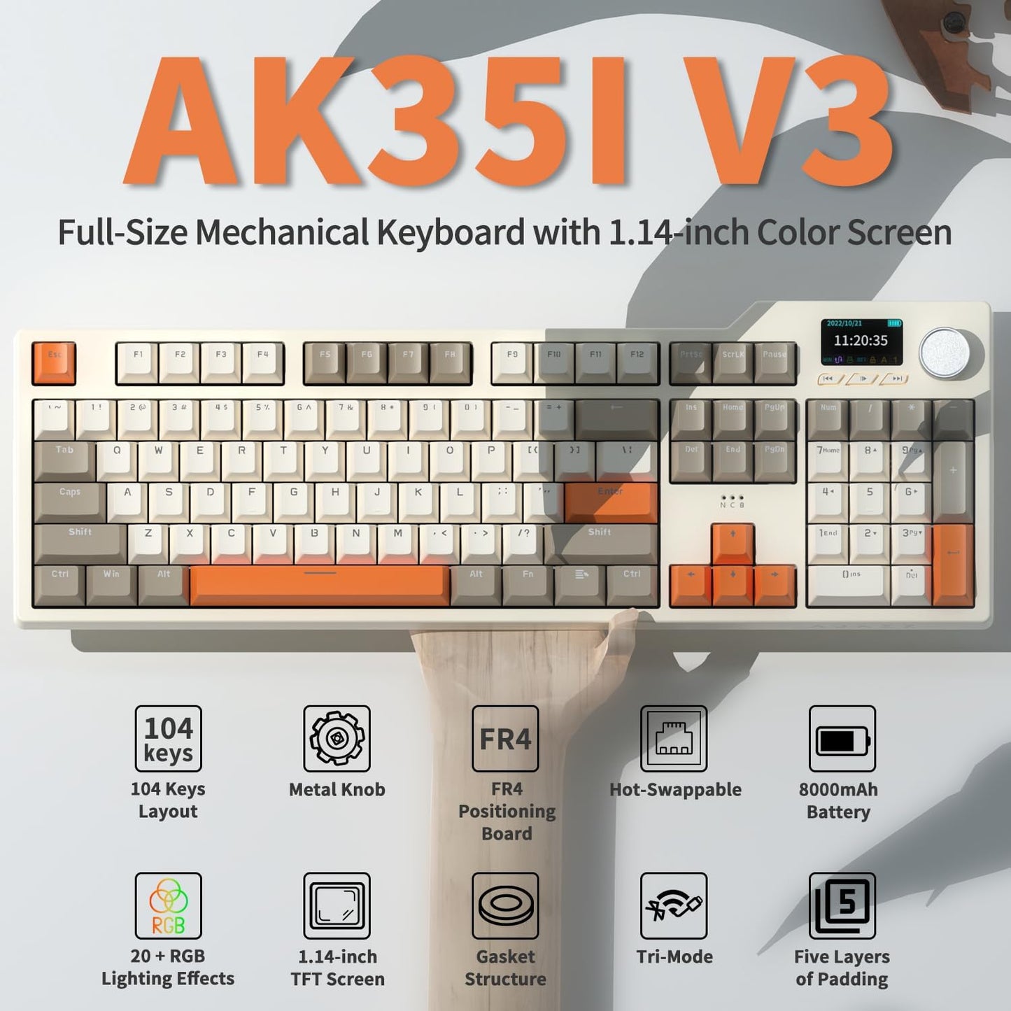 DAIDAI×AJAZZ AK35I V3 Full Size Hot Swap Mechanical Gaming Keyboard with Screen & Knob 2.4G/BT/USB-C Gasket Keyboard FR4 Plate 8000mAh Battery South Facing LED RGB (Avocado Axis)