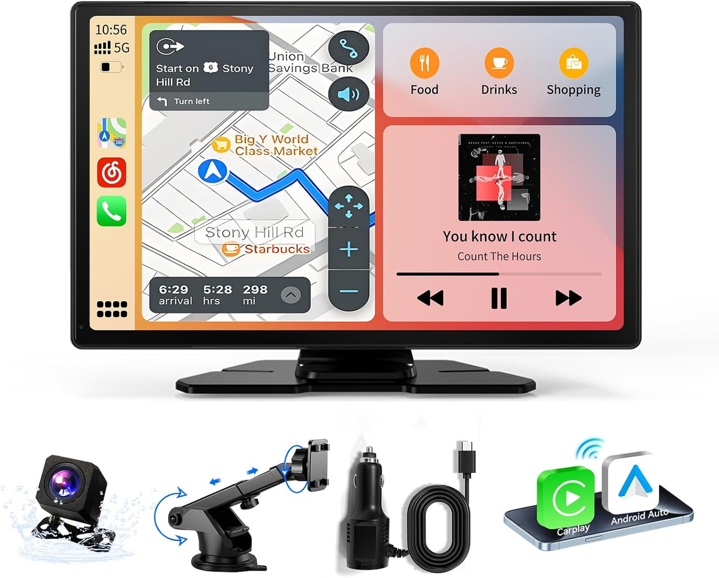 Carplay Screen for Car, 9" Android Auto Screen Compatible with A-pple Carplay, Portable Wireless Car Stereo Audio Receivers with Backup Camera, MirrorLink, Siri, BT, AUX, Navigation for All Vehicles