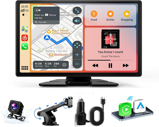 Carplay Screen for Car, 9" Android Auto Screen Compatible with A-pple Carplay, Portable Wireless Car Stereo Audio Receivers with Backup Camera, MirrorLink, Siri, BT, AUX, Navigation for All Vehicles