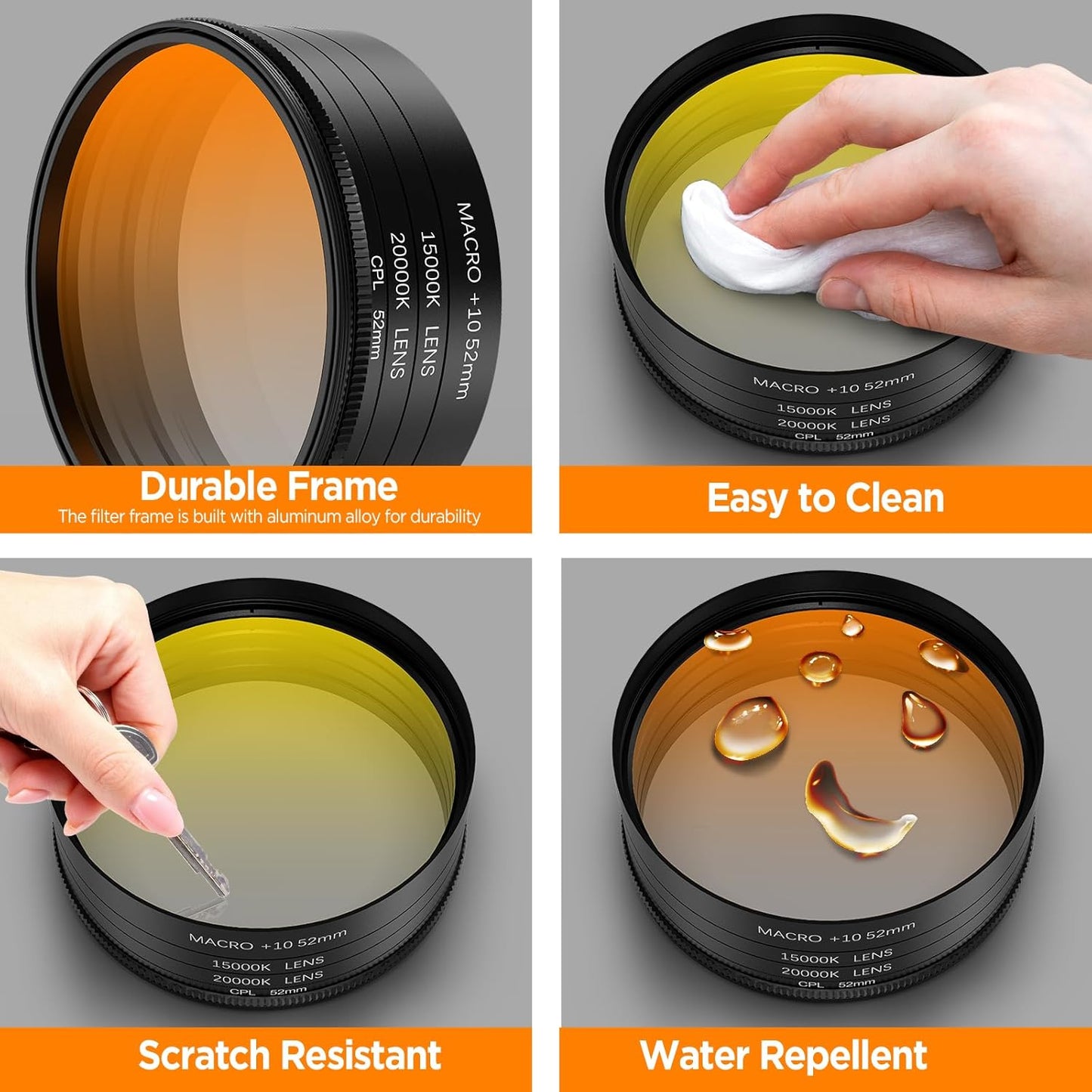 52MM Coral Reef and Reef Tank Filter Kit for Phone, CPL Polarizing+20,000k Yellow+15,000k Orange+10x Macro, Clip, Saltwater Aquarium Lens Compatible with iPhone16 15 Pro Max Samsung Moto Google TCL