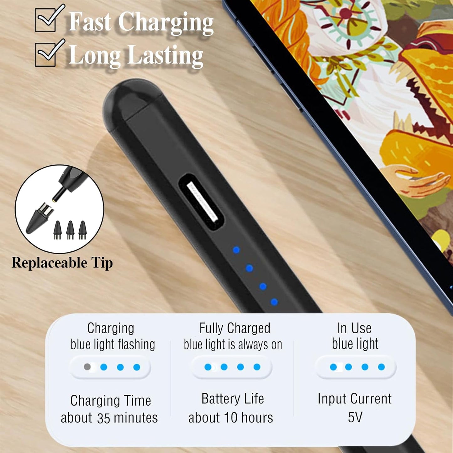 Active Stylus Pens for Touch Screens Rechargeable Tablet Pen POM Tip Magnetic iPad Pencil Stylus Pen for iPad/Pro/Air/Mini/iPhone and Other Smartphone Device-Black