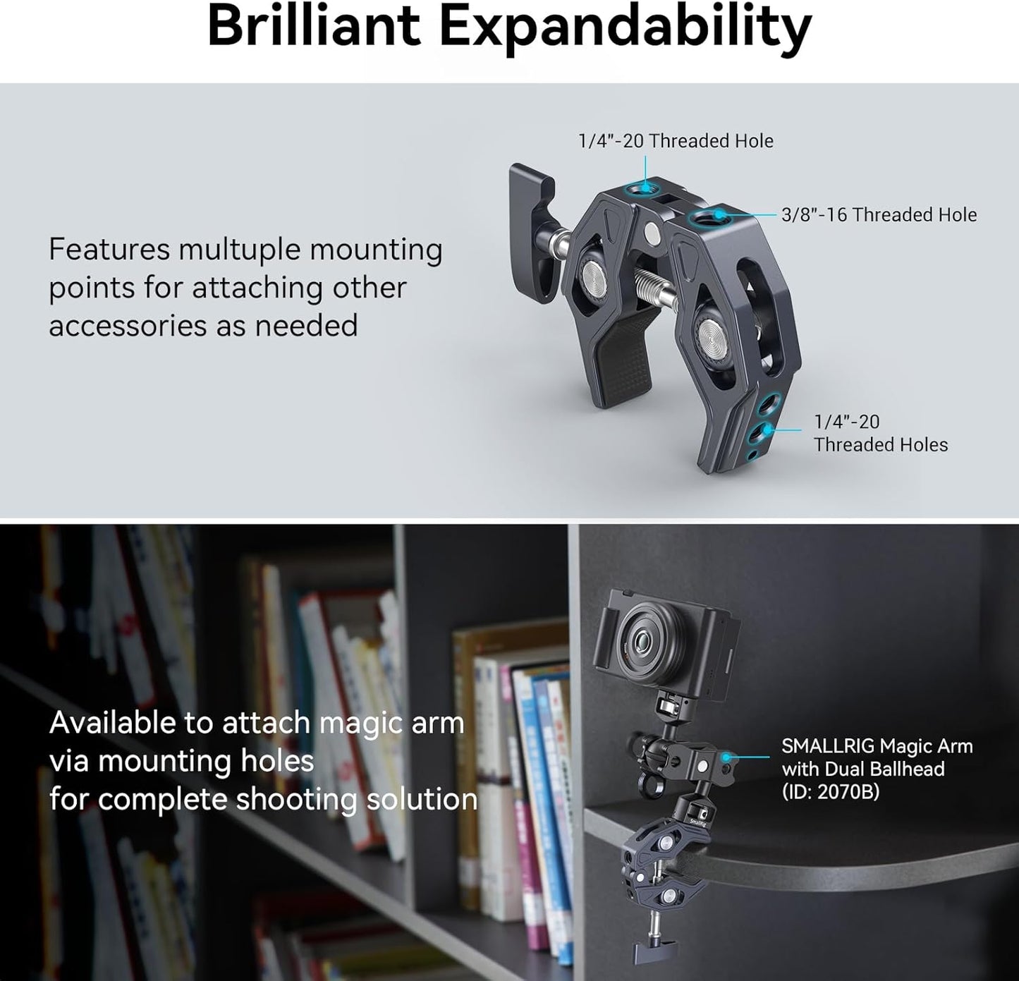 SMALLRIG Clamp, Camera Mount Clamp, Crab-Shaped Super Clamp with 1/4"-20, 3/8"-16 Threaded Holes, Payload 7.7lbs/3.5kg, for Most Photographic Accessories