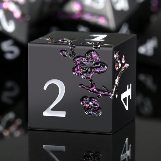 Glitter Purple Metal D&D Dice, DNDND 7 PCS Flower Metallic DND Dice Set with Gorgeous Gift Case for Dungeons and Dragon Tabletop Game (Matte Black with Glitter Purple Flower)