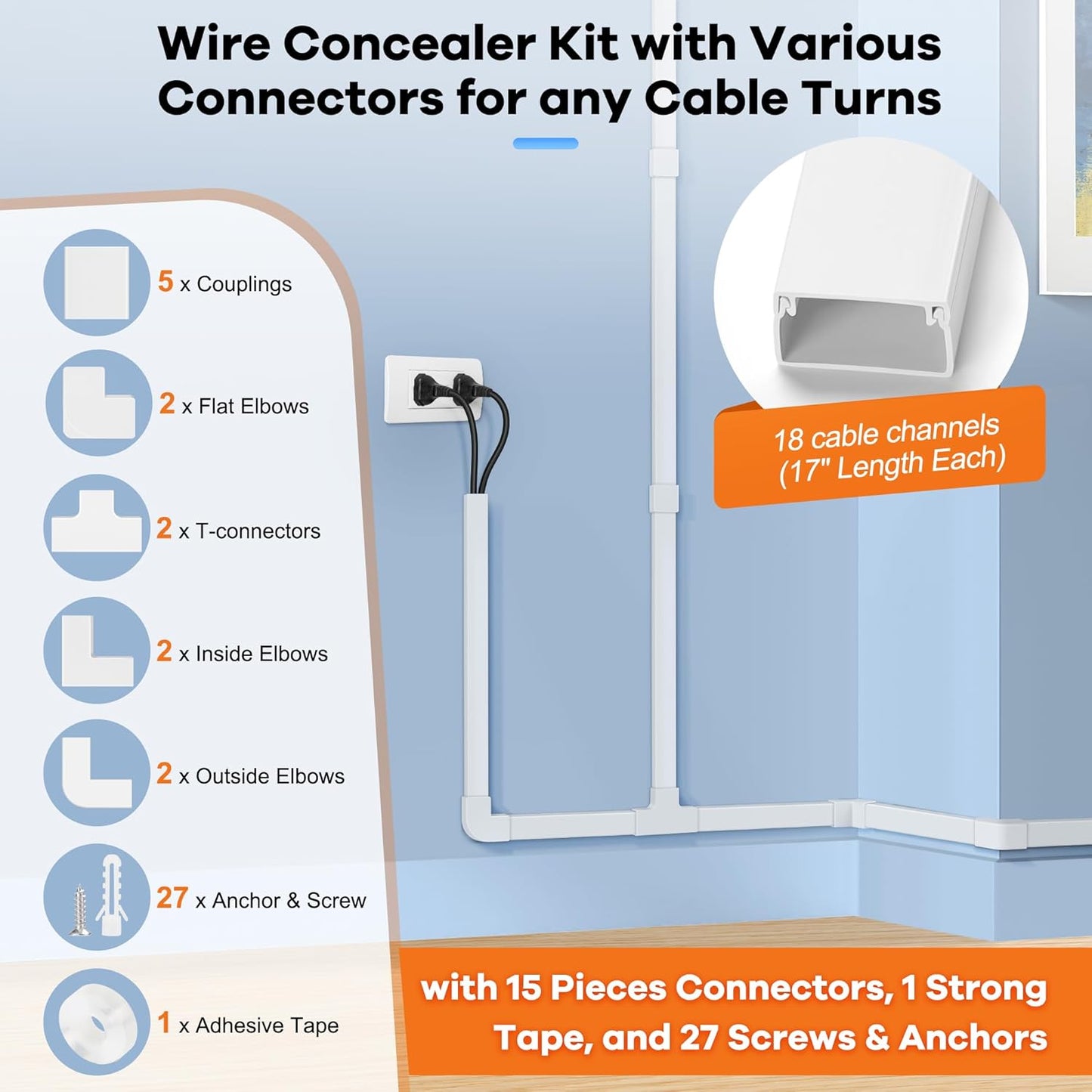 306in Cord Hider Kit, Cord Covers for Wires on Wall, Paintable Wire Cover for Cords, Cable Hider for Wall Mounted TV, White Cord Concealer, Cable Raceway Wire Management, 18xL17in x W0.95in x H0.55in