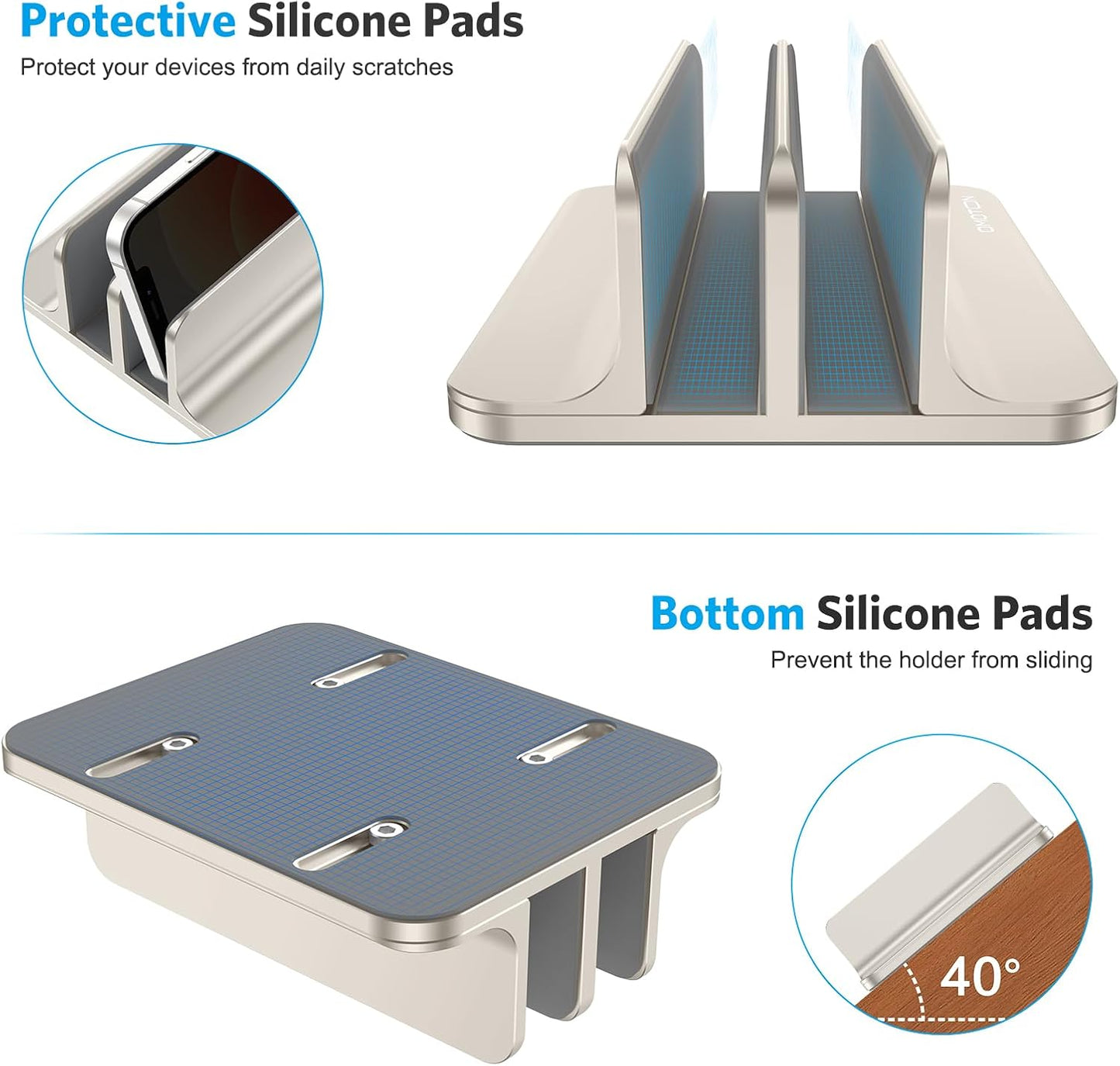 OMOTON [Updated Dock Version Vertical Laptop Stand, Double Desktop Stand Holder with Adjustable Dock (Up to 17.3 inch), Fits All MacBook/Surface/Samsung/HP/Dell/Chrome Book (Starlight)