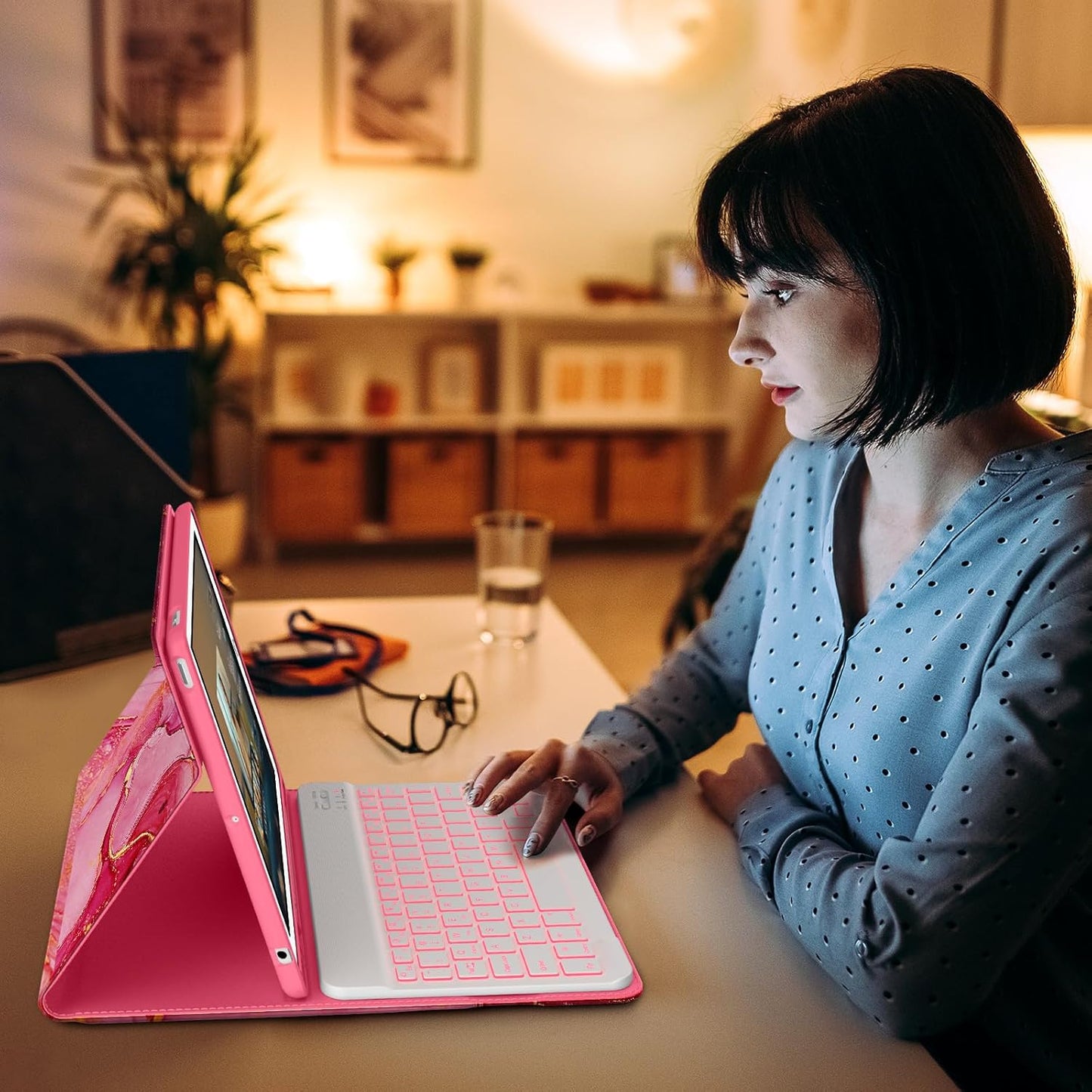 DTTO for iPad 9th/8th/7th Generation 10.2" Case 2021/2020/2019 with Keyboard, 7 Colors Backlit Wireless Detachable Keyboard Premium Leather Folio Cover with Pencil Holder & Pocket, Watermelon Marble