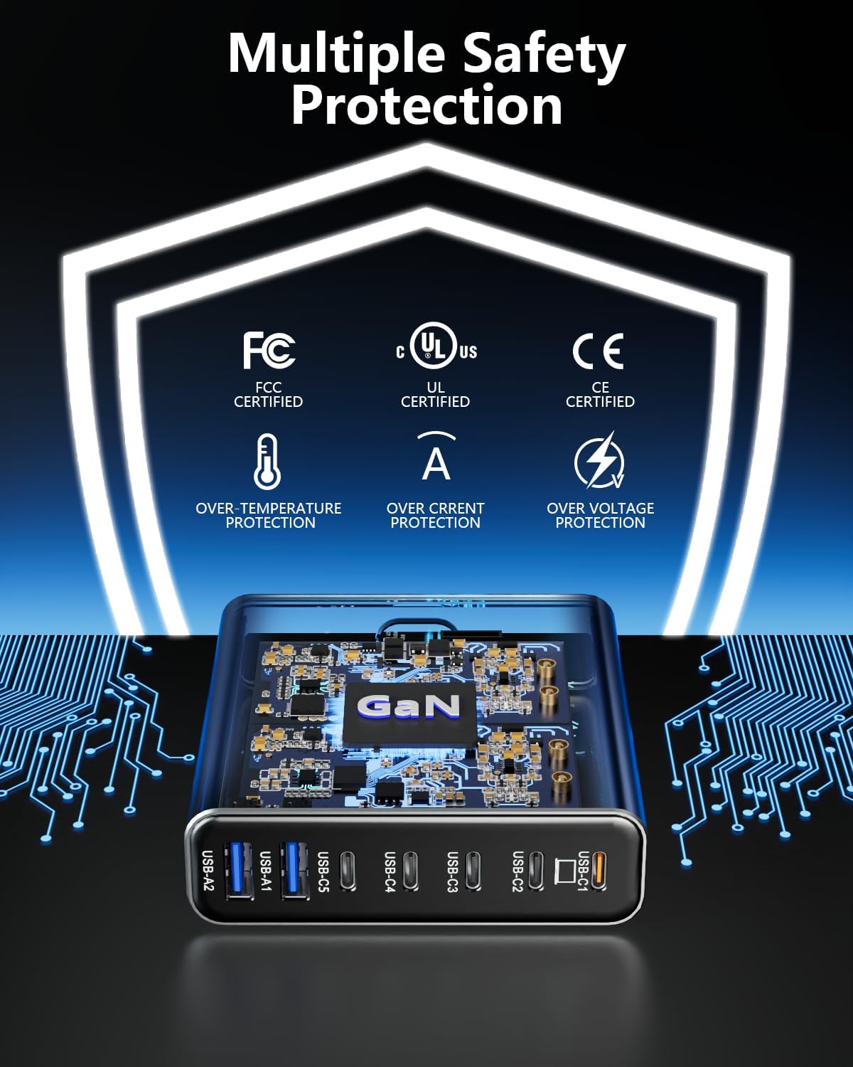 Aluminum Alloy USB C Charger 260W GaN Fast USB C Charging Station 7 Ports 65W Laptop Charger for MacBook Pro/Air/iPad Pro/iPhone (Blue)