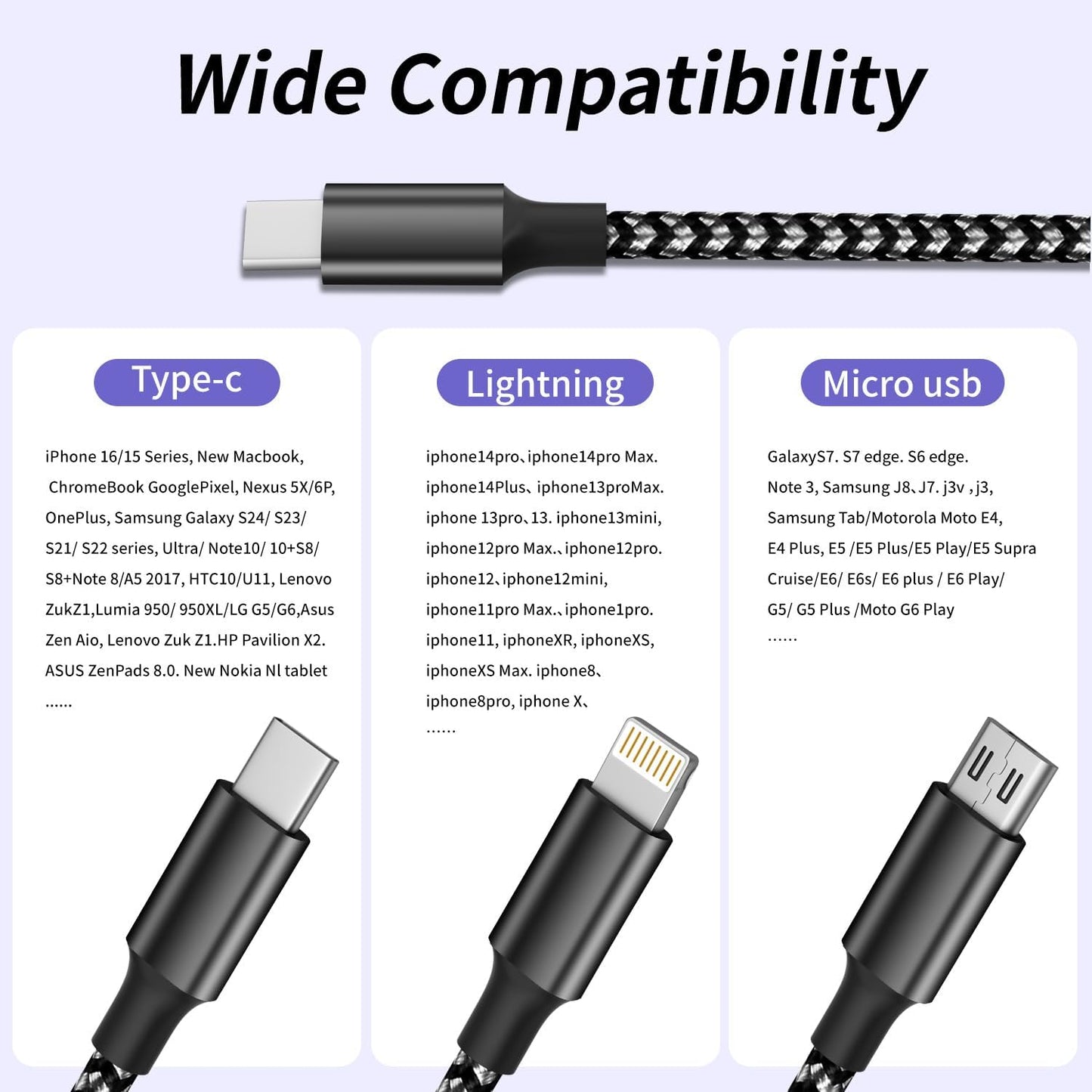 100W USB C Multi Charging Cable with E-Mark Chip, 3 in 1 USB C Fast Charging Cable, Universal Multiple Charger Cord with Type-C, Micro USB, IP Port for iPhone16/15/14/Cell Phones and More (2Pack 5FT)