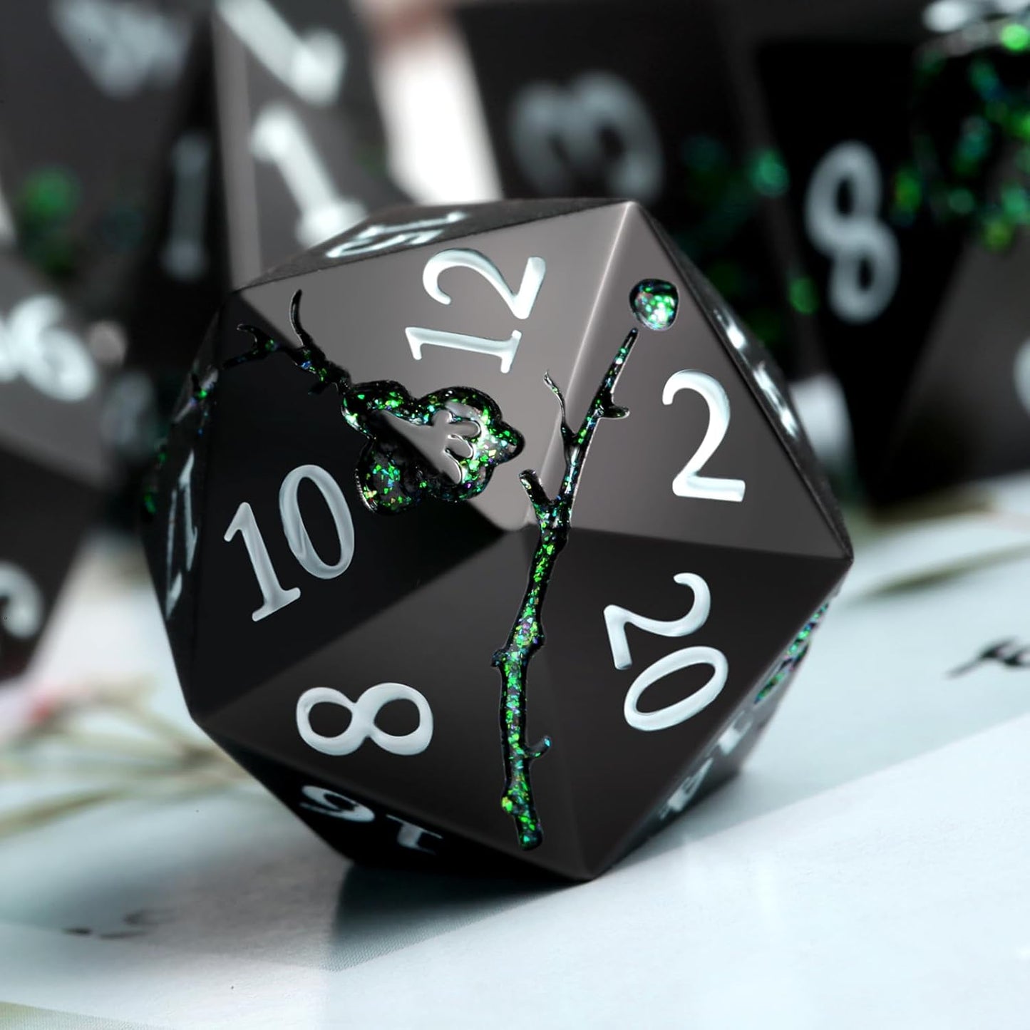 Glitter Green DND Metal Dice, DNDND 7 PCS Flower Metallic DND Dice Set with Gorgeous Gift Case for Dungeons and Dragon Tabletop Game (Matte Black with Glitter Green Flower)