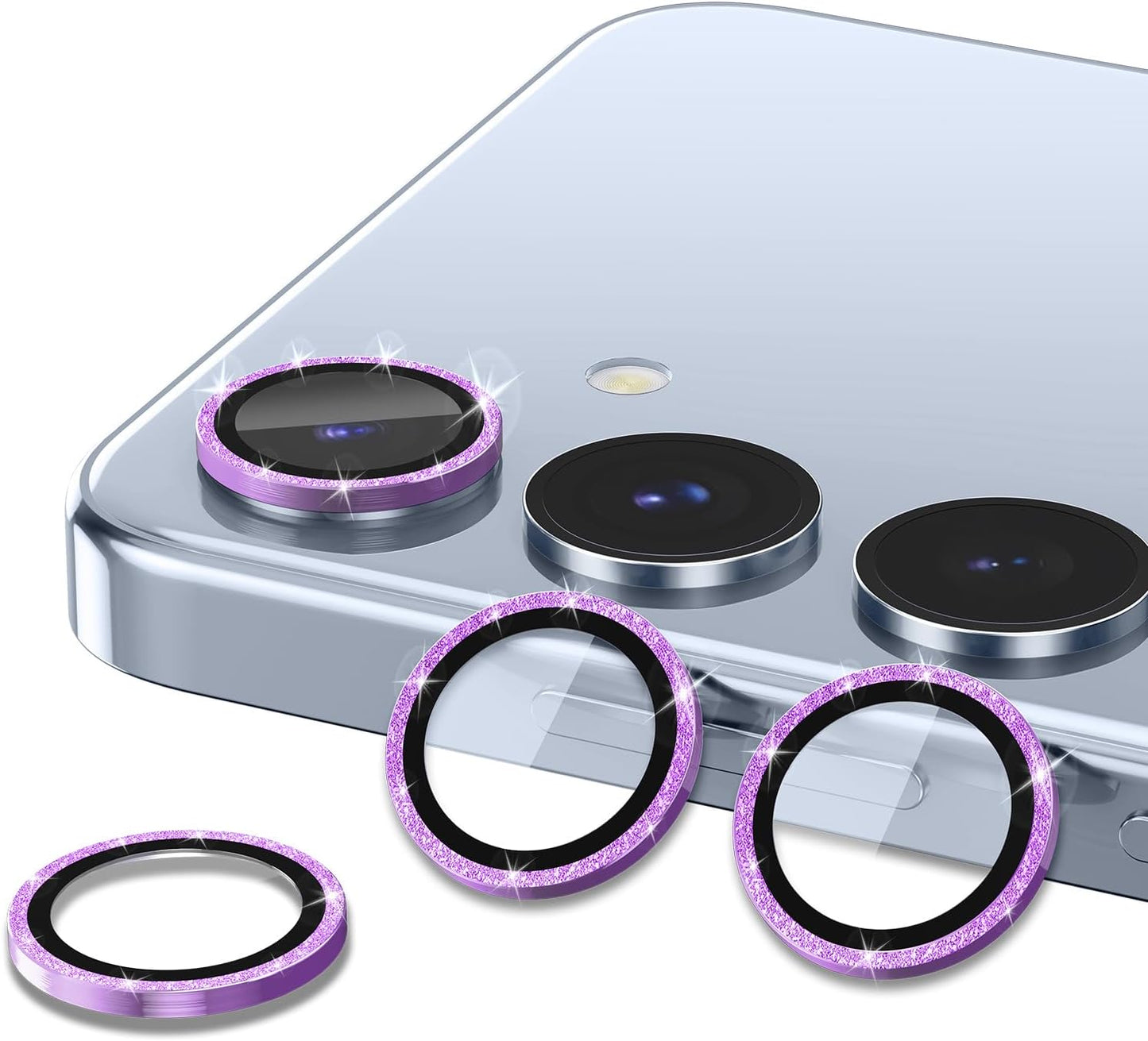 for Samsung Galaxy S25 Plus Camera Lens Protector, Individual Metal Ring Tempered Glass Lens Cover, [Strong Adsorption] Scratch Resistant Ultra-Thin HD Clear Lens Cover, 1 Set-Purple Sparkly