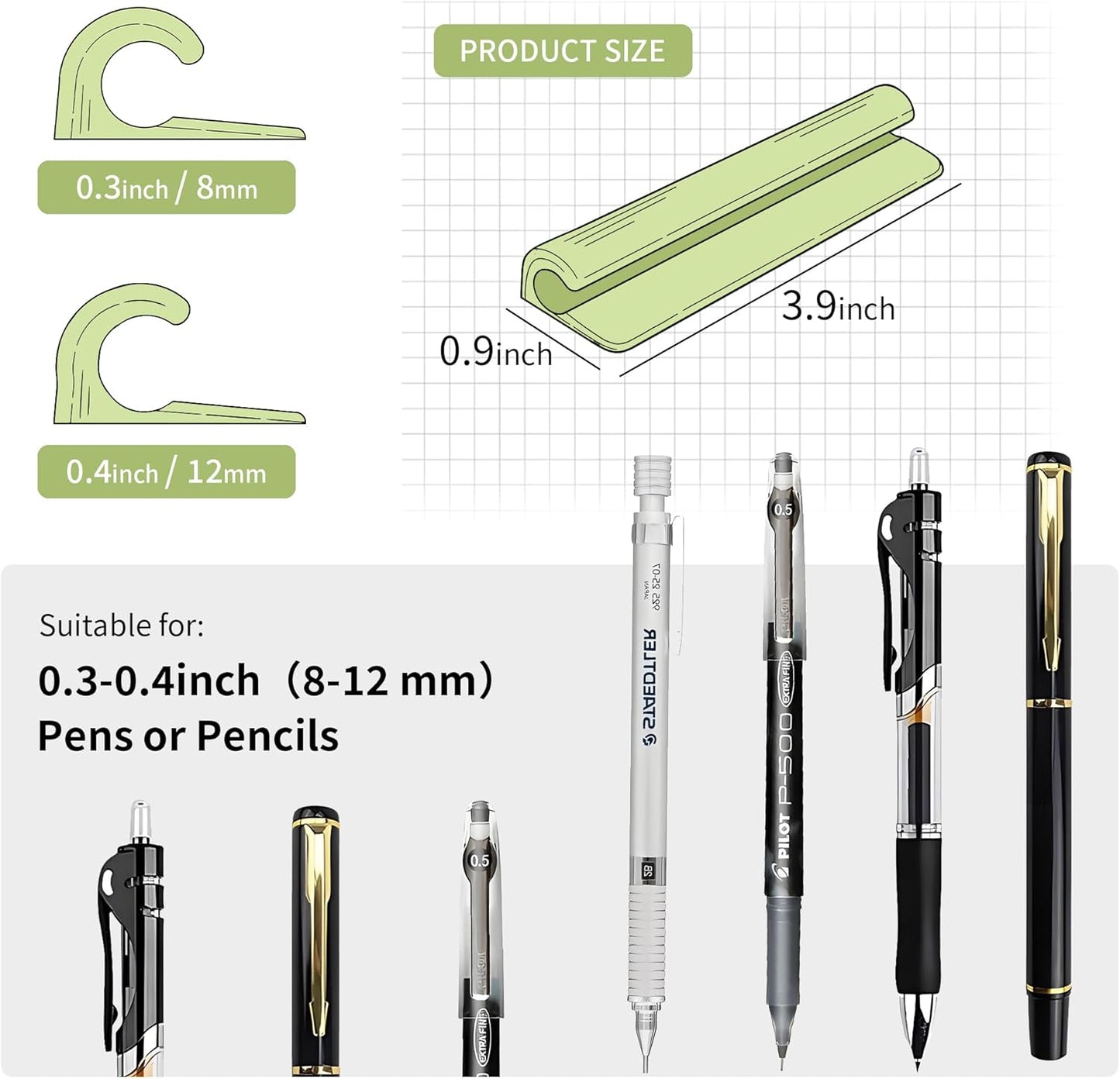 ELETIUO Pencil Holder For Most Pens,Pencils,Self-Adhesive Stick To Notebooks,Diary,Desks,Whiteboards Or Any Surface,Silicone Pen Holder For Home,Office And Desk Organization,Green