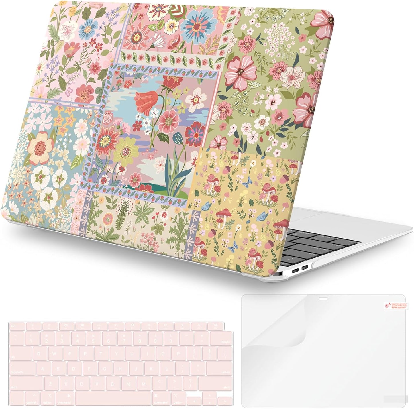 iCasso for MacBook Air 13 inch Case 2020 2019 2018 Release A2337 M1 A2179 A1932, Flower Hard Shell Protective Case for MacBook Air 13.3 inch + Keyboard Cover + Screen Film, Pink