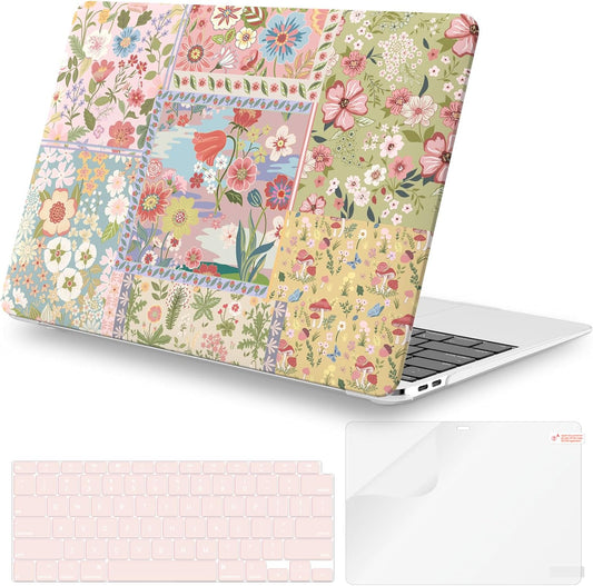 iCasso for MacBook Air 13 inch Case 2020 2019 2018 Release A2337 M1 A2179 A1932, Flower Hard Shell Protective Case for MacBook Air 13.3 inch + Keyboard Cover + Screen Film, Pink