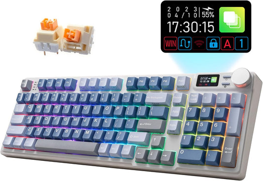 iRocks K85R Wireless RGB Backlit Mechanical Gaming Keyboard with LCD Display, Hot-Swappable Pre-lubed Switches, 98 PBT Keys, USB-C Detachable Cable (Aurora Blue, Silent Bubble Switch)