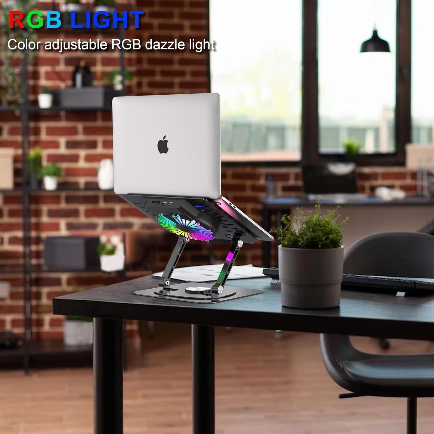 Laptop Stand,with 360°Rotating Base,External Cooling Fan,Adjustable RGB Lighting,Ergonomic Foldable Notebook Computer Holder.Compatible with All 10-17" Laptops Tablets,Black