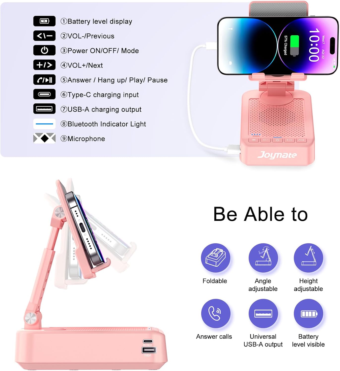 Gifts for Men Women, Phone Stand with Bluetooth Speaker and Charging Function 360° Rotable Angel Adjustable Cell Phone Holder with HD Stereo Sound Fits All Phones,Tablet (Pink)