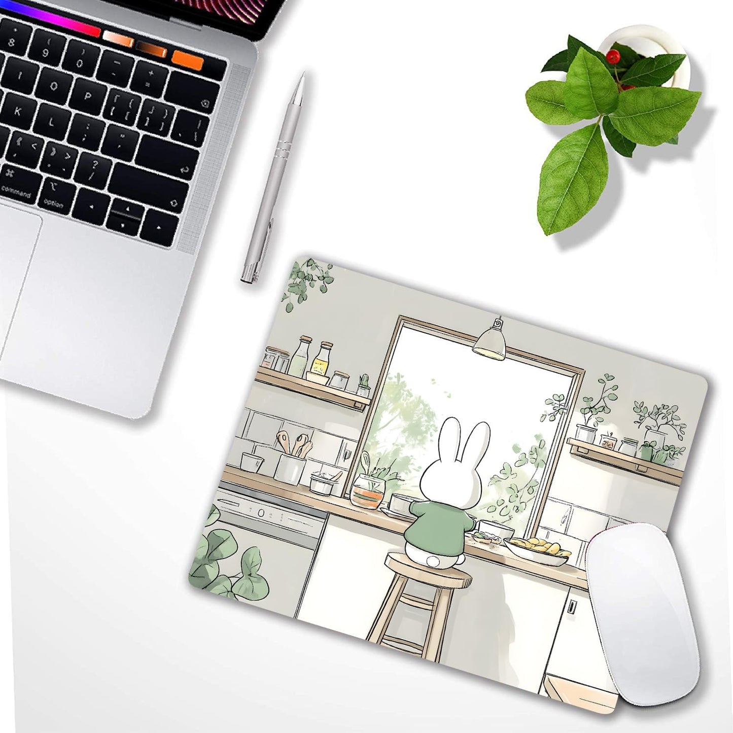 Cute Cartoon Anime Rabbit Custom Mouse Pad with Non-Slip Rubber, Small Square Design for Wireless Laptop & Computer Mouse Pads for Desk, 9.5 x 7.9 inch Smooth Surface for Gaming & Office