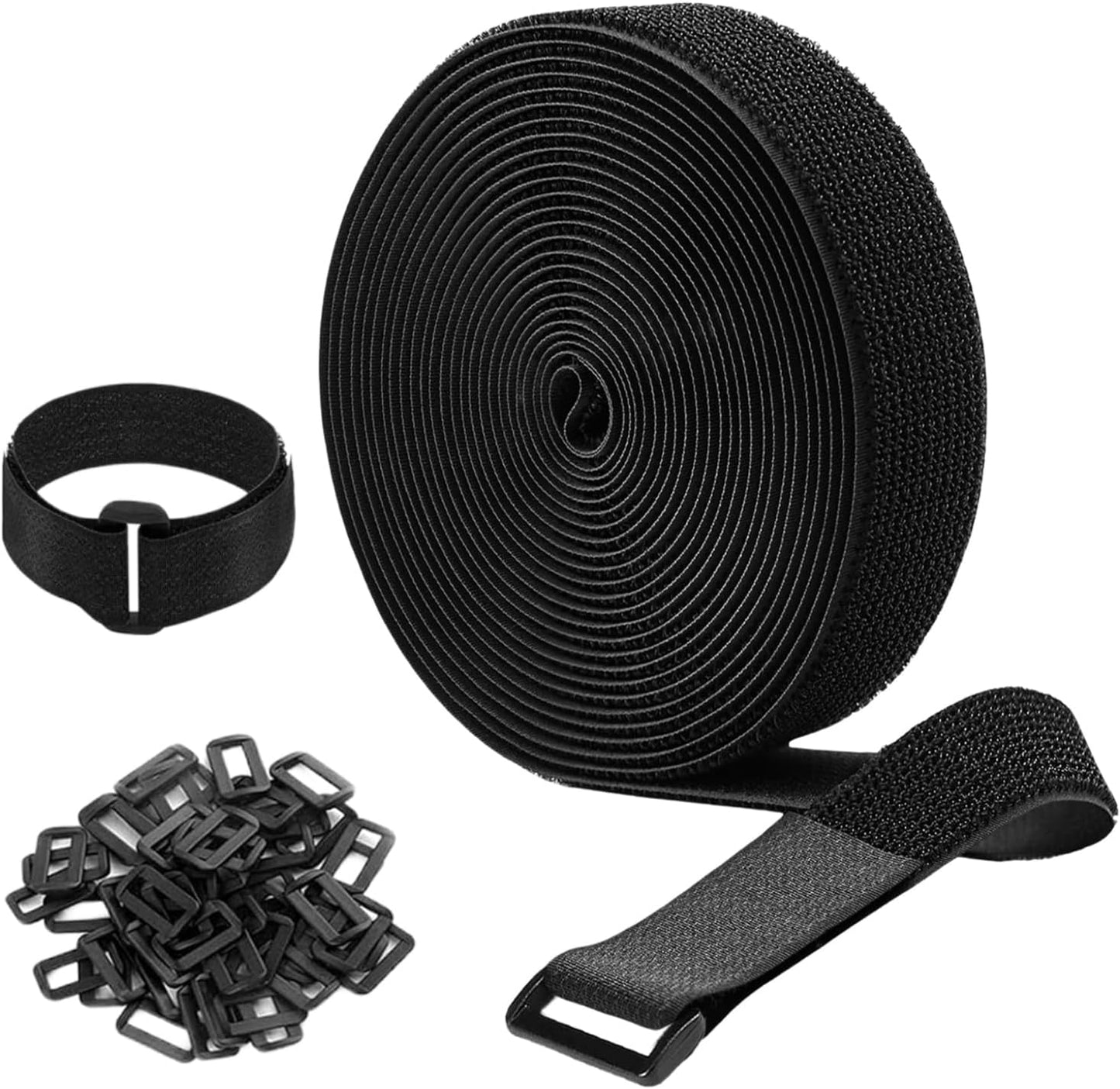 64ft 1.5 Inch Wide Cable Straps, Jumpso Adjustable Fastening Hook and Loop Straps with 50 Buckles, Reusable Nylon Cut-to-Length Cinch Straps for Organizer or Storage, Black