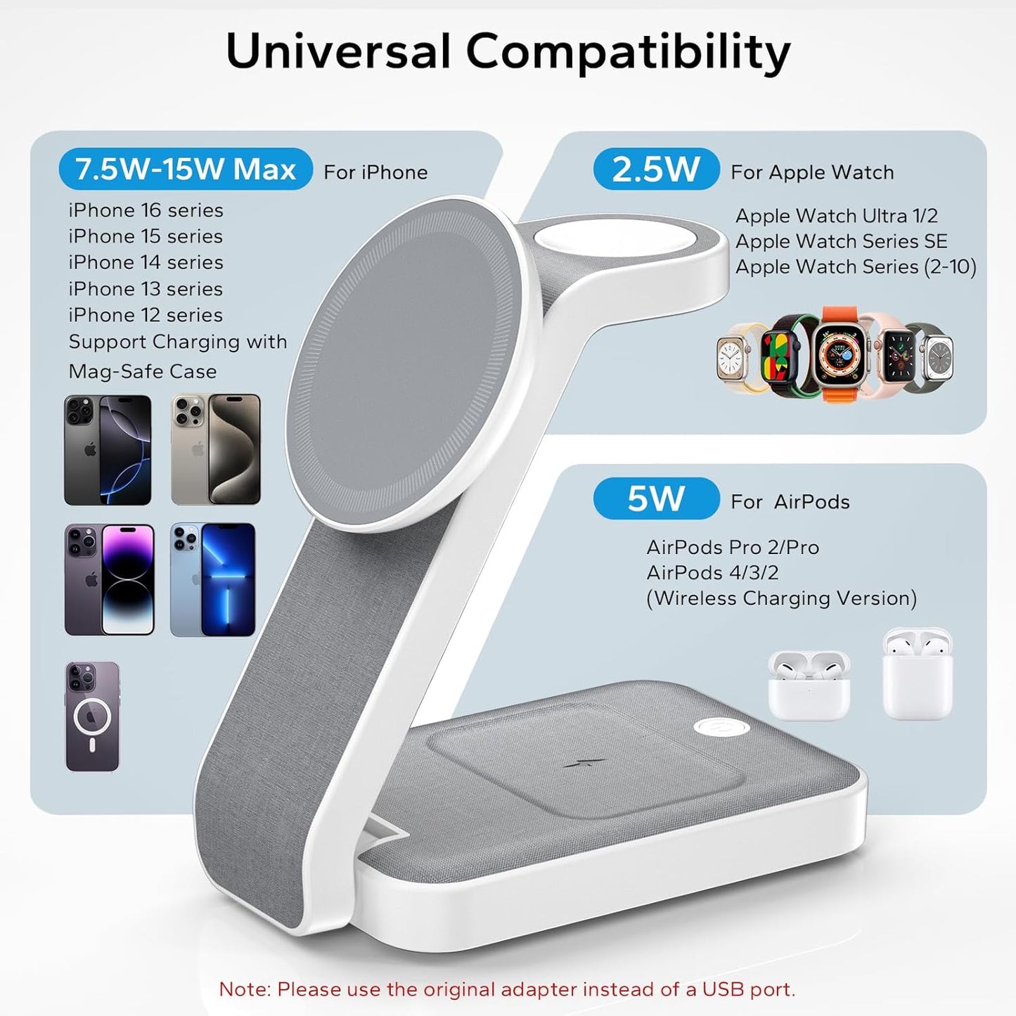 3 in 1 Foldable Wireless Travel Charging Station for MagSafe, Nightstand Magnetic Charger Stand for iPhone 16 15 14 13 Pro Max, Mag-Safe Charging Dock with Night Light for Apple Watch/AirPods