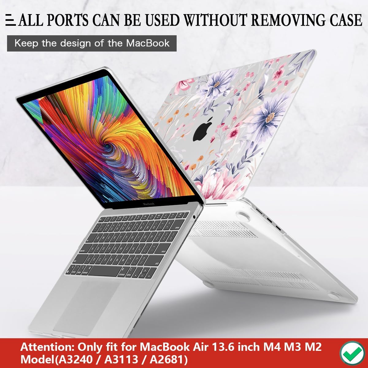 CISSOOK Flower Case for MacBook Air 13.6 Inch M4 M3 M2 Chip Model A3240 A3113 A2681, Plastic Shell Cover with Keyboard Cover Screen Protector for MacBook Air 13 2022-2025, Flowers Watercolor