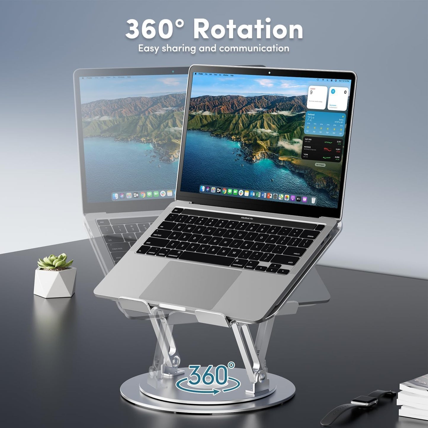 Lifelong Adjustable Laptop Stand with 360° Rotating Base, Ergonomic Computer Stand for Desk, Foldable & Portable Laptop Riser Holder Fits All MacBook, Laptops 10-16 Inches, Silver