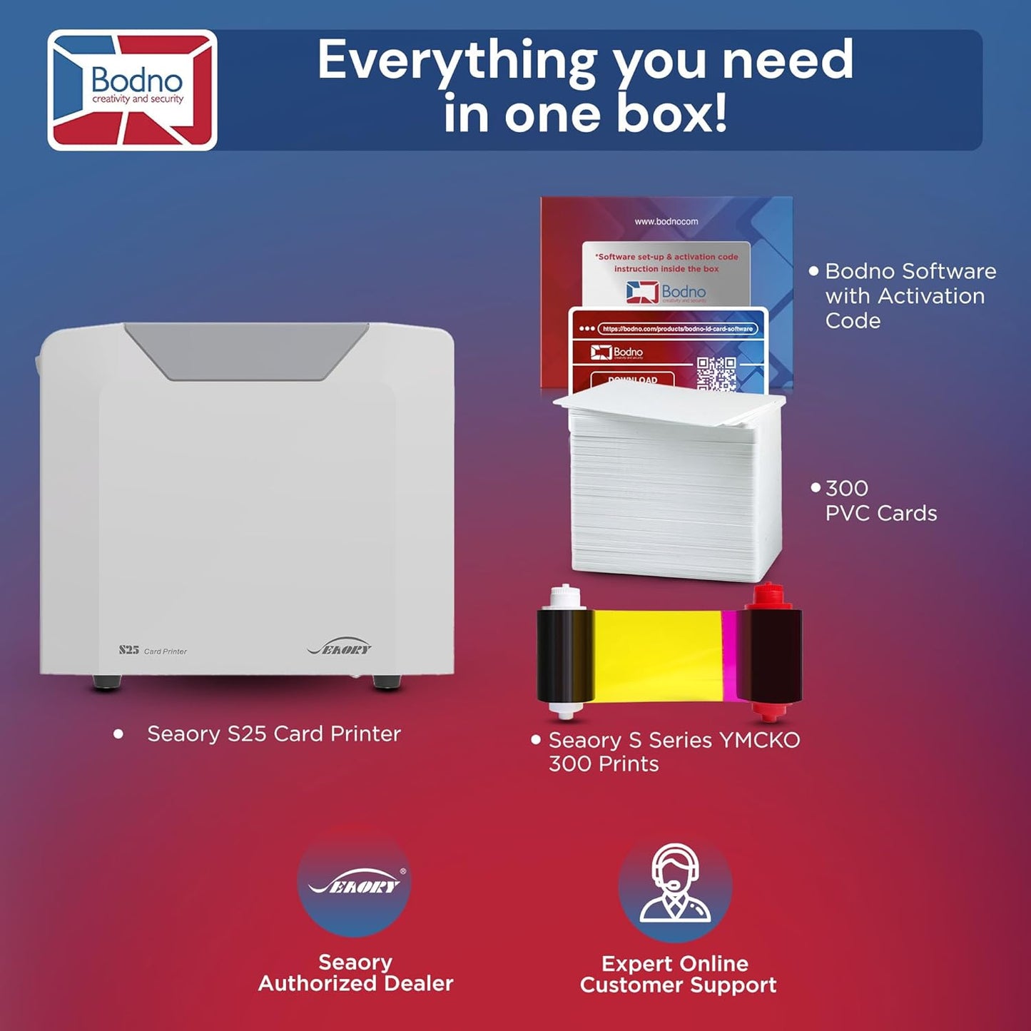 Bodno Seaory S25 Single Sided ID Card Printer & Complete Supplies Package ID Software - Bronze Edition