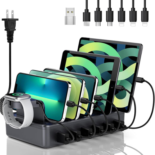 Charging Station for Multiple Devices, 6 in 1 Charger Station Multiple Charging Station for Cellphone Tablet iPhone iPad and More-50W Charging Dock with Mixed Charging Cables