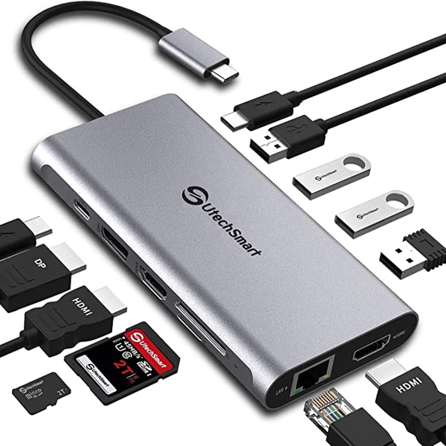 Docking Station, USB C Hub UtechSmart 12 in 1 USB C Dock Triple Display with 2 * 4K@60Hz HDMI, Displayport, 100W PD, 4 USB Ports, RJ45 Ethernet, SD/TF for MacBook, Dell, HP, Lenovo, Huawei