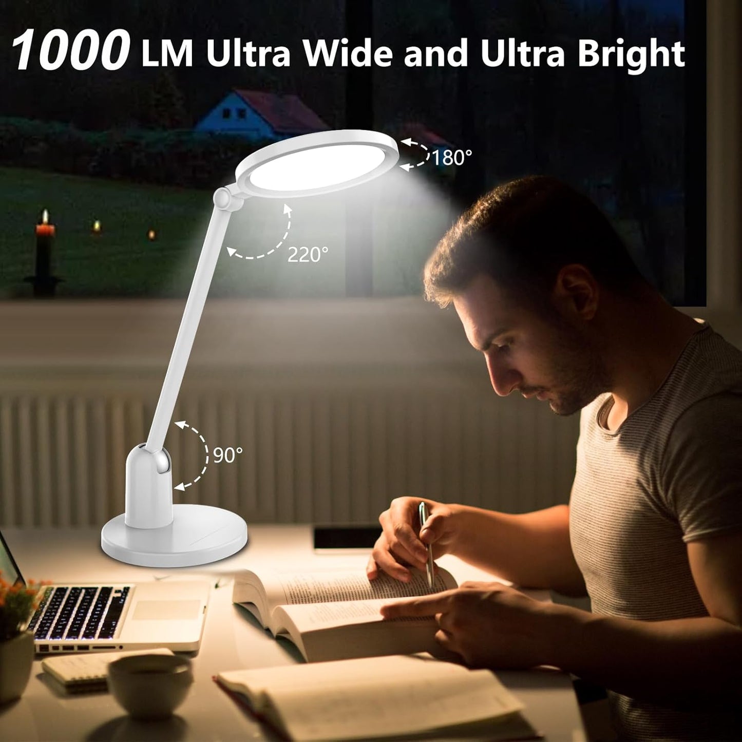 Desk Lamps for Home Office with Stable Base, 1000LM Ultra Bright Eye-Caring Desk Light, 3000K-6000K Dimmable Table Lamp with Stepless Dimming & Timing Function for Work, Reading, Bedroom, Bedside