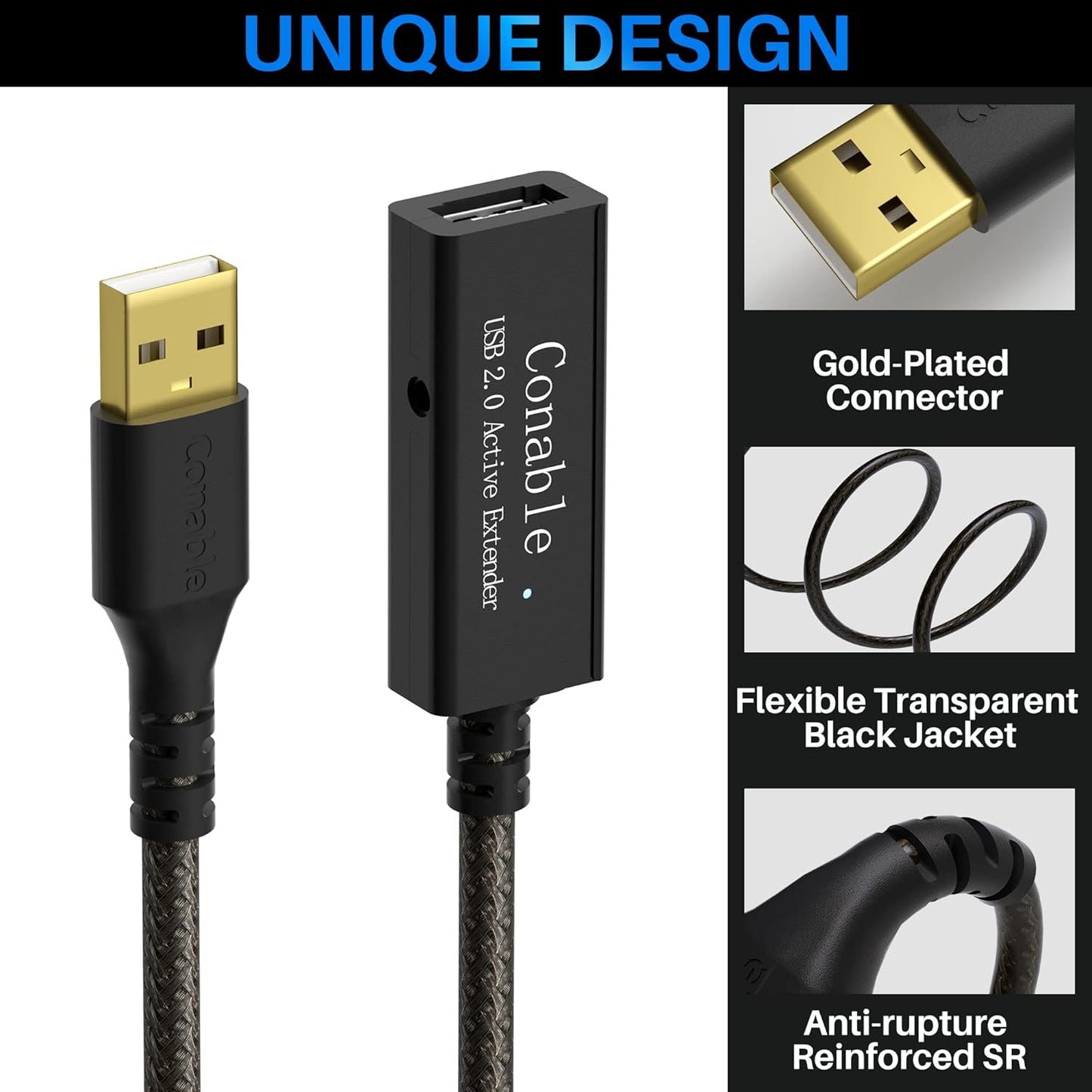 Active USB Extension Cable 50 Feet, USB 2.0 A Male to Female Cord (from 2ft to 150ft for Selection), with an Extension Chipset Signal Booster, 22AWG Tinned Pure Copper, (AC Power Supply Included)