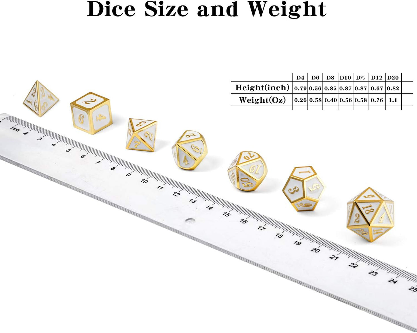 DnDnD White with Gold Number DND Dice Sets,Solid Metal Die with Free Gorgeous Metal Tin for Dungeons and Dragons D&D Role Playing Game Tabletop Games