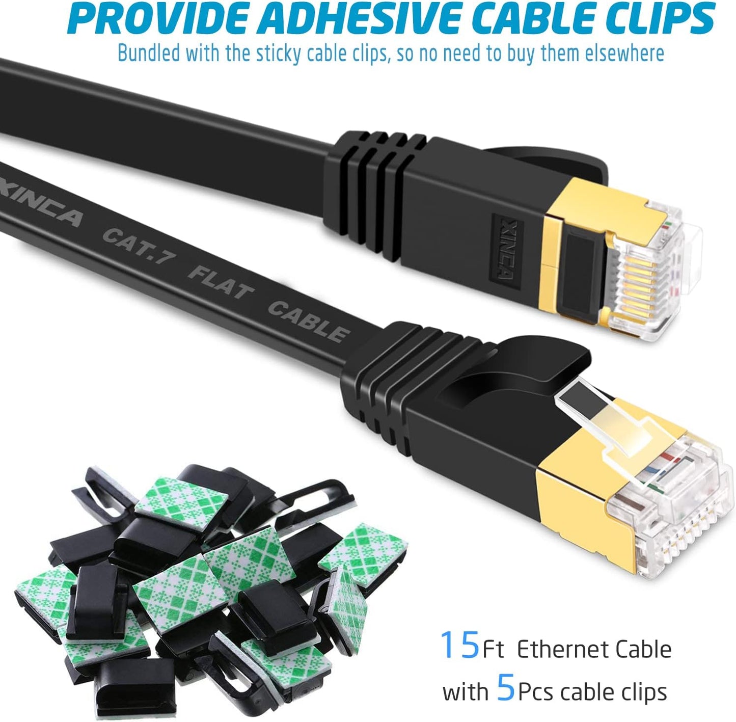 Cat 7 Flat Ethernet Cable 15ft Black, High Speed 10GB Shielded (STP) LAN Internet Network Cable Ethernet Patch Computer Cable with Rj45 Connectors and 5pcs Adhesive Cable Clips