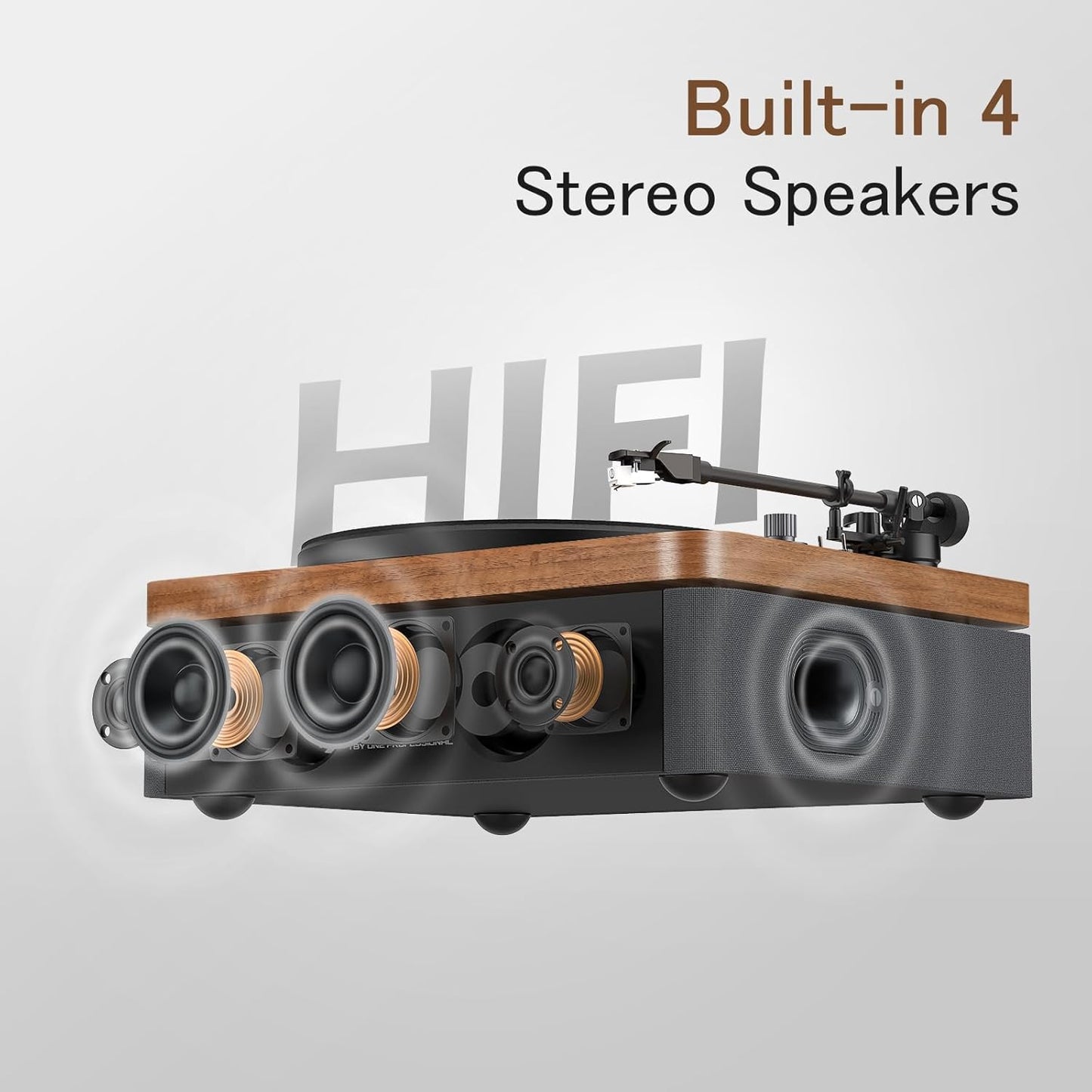 1 by ONE All-in-One Vinyl Record Player, HiFi Turntable Built-in Speakers, Phono Preamp, Magnetic Cartridge AT-3600L, Belt Drive 2 Speeds, Vintage Wood Design